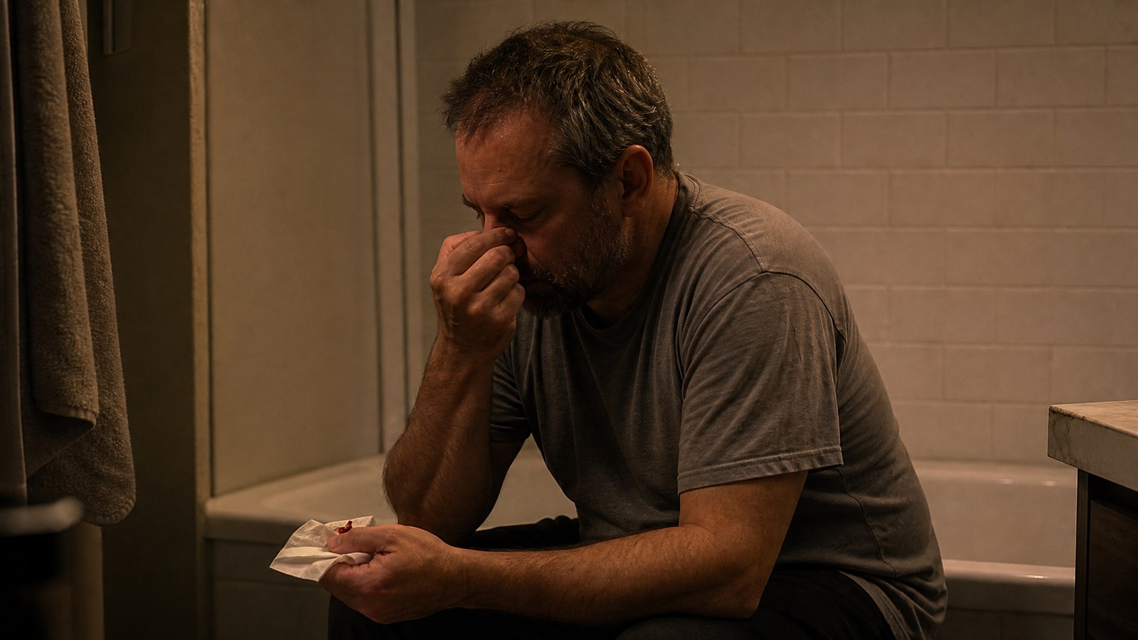 An adult man sitting on the edge of a bathtub at night, leaning slightly forward, pinching the soft part of his nose with a folded tissue in his other hand