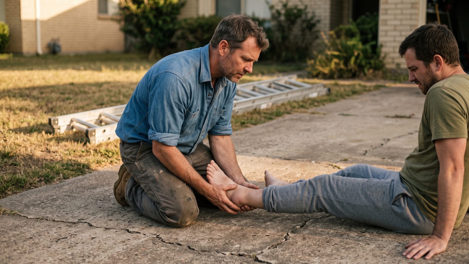 An adult man kneeling on a driveway gently steadying another adult's swollen ankle, a fallen extension ladder behind them
