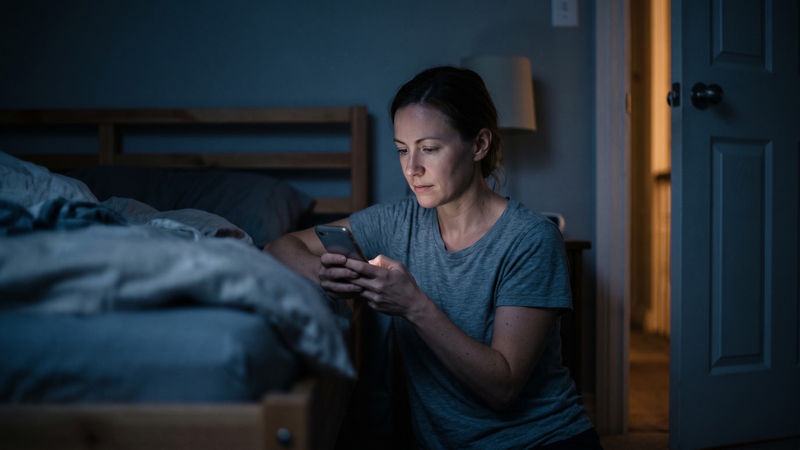 A woman crouched beside a bed in a dark bedroom, her face lit by her phone as she types a quiet message