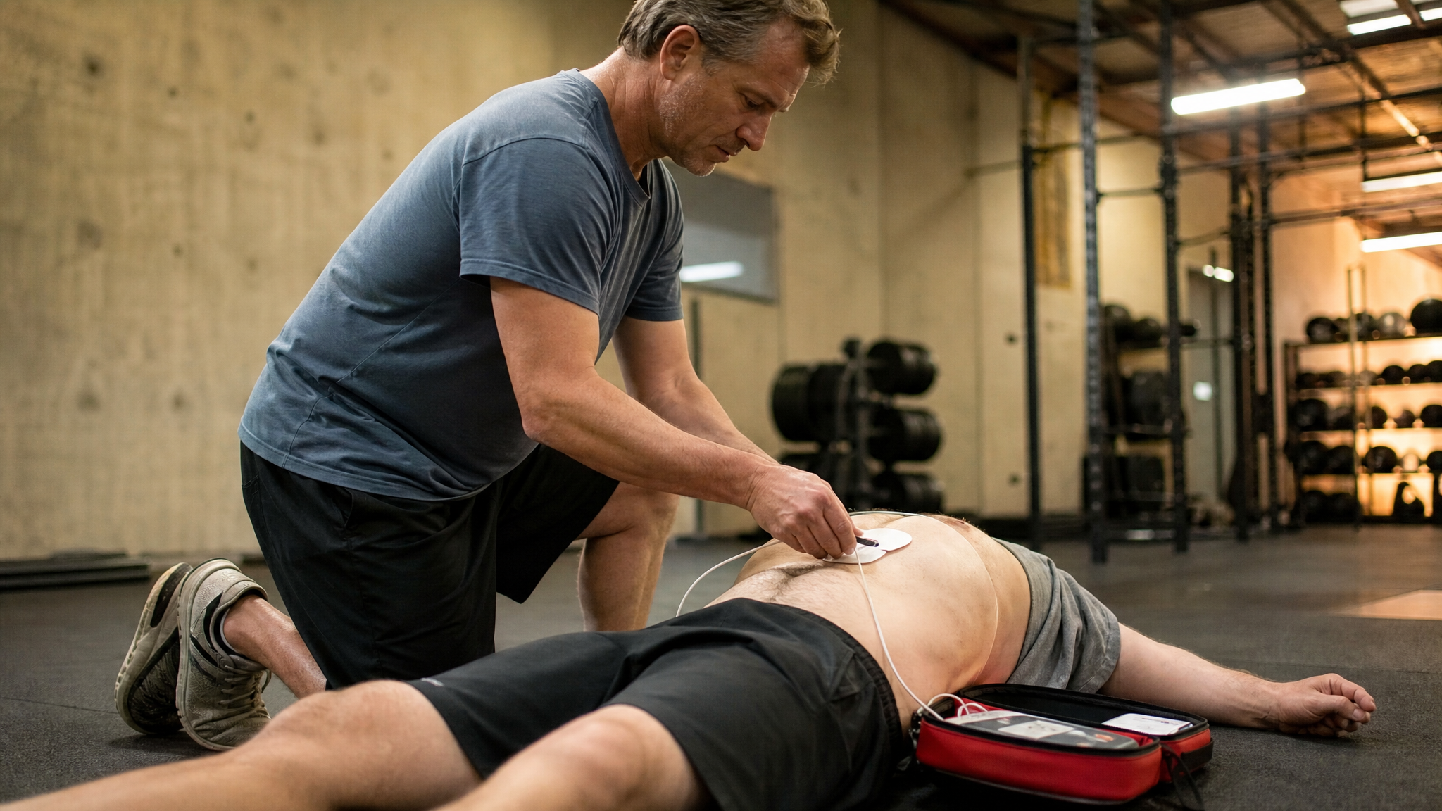 Person using an AED during a cardiac emergency