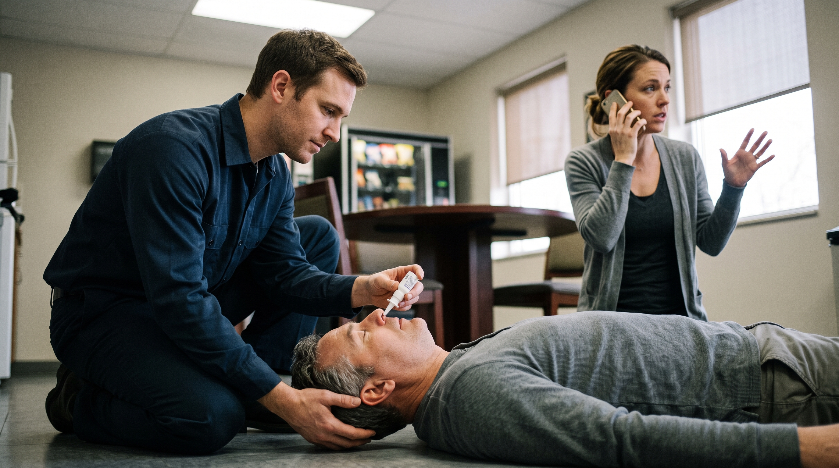 A coworker kneels beside an unresponsive man in a break room, holding a Narcan nasal spray device ready to help while another coworker calls 911 on a phone nearby