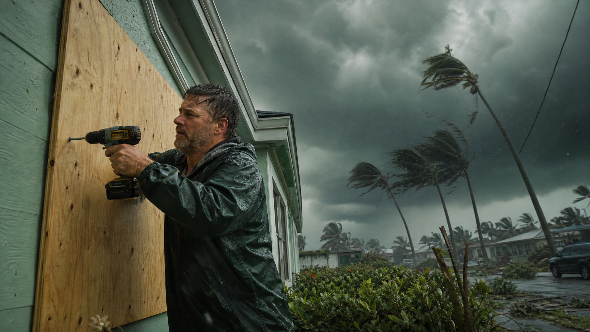 Man drilling plywood over a house window as a dark storm sky rolls in with bending palm trees