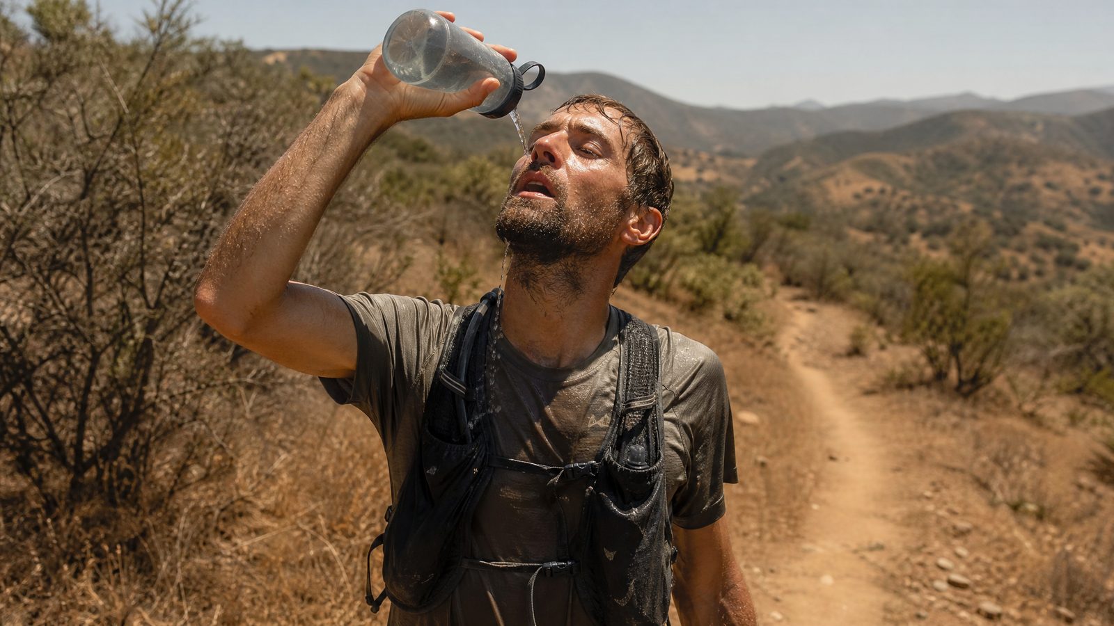 A sweat-soaked trail runner stops on a sunbaked trail at midday and tips a water bottle straight up to drain it, dazed rather than refreshed