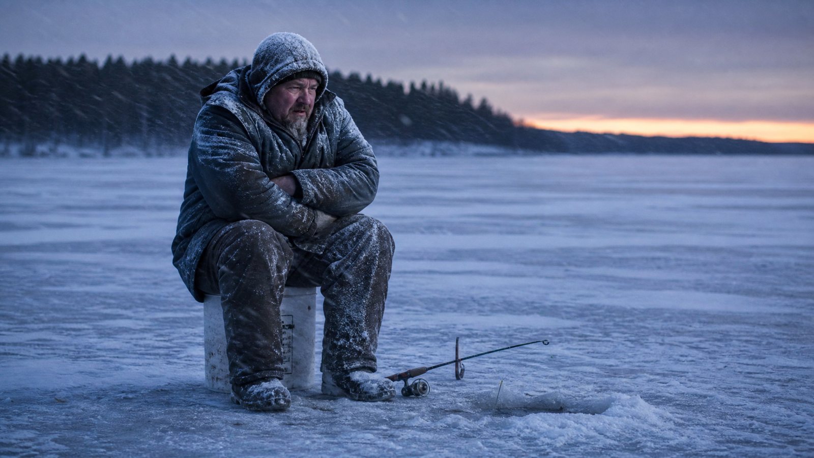 A bundled adult ice fisherman sits hunched and shivering on a frozen lake at dusk as wind drives snow across the ice, hands tucked under his arms