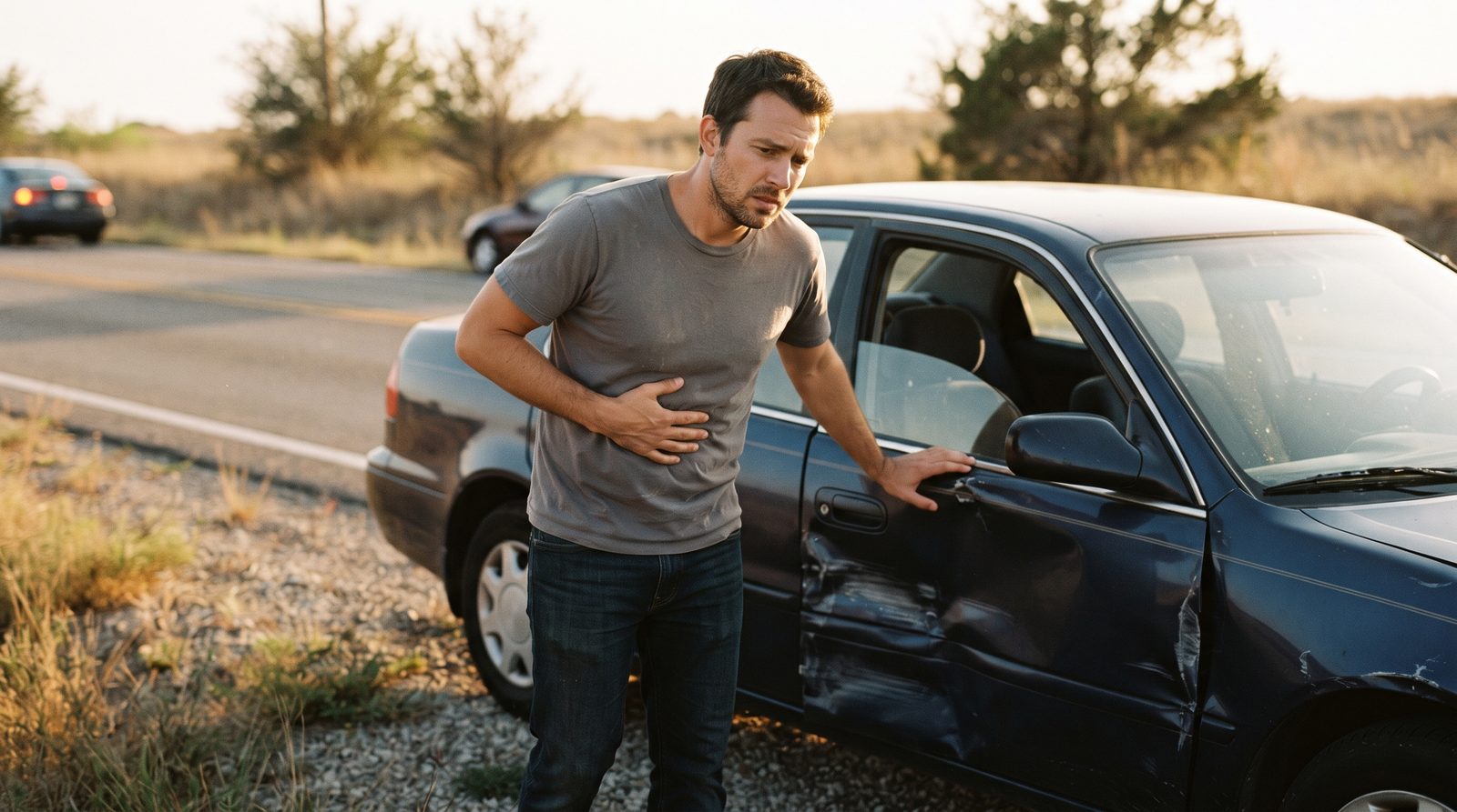 A man standing at the roadside beside a damaged car door in late afternoon light, one hand pressed low against his ribs, dazed but composed