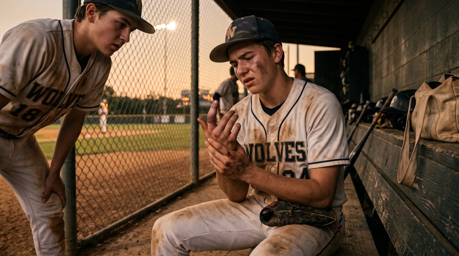 A young baseball player sitting on a dugout bench inspecting a swollen finger after diving for a ball, a teammate leaning in to look