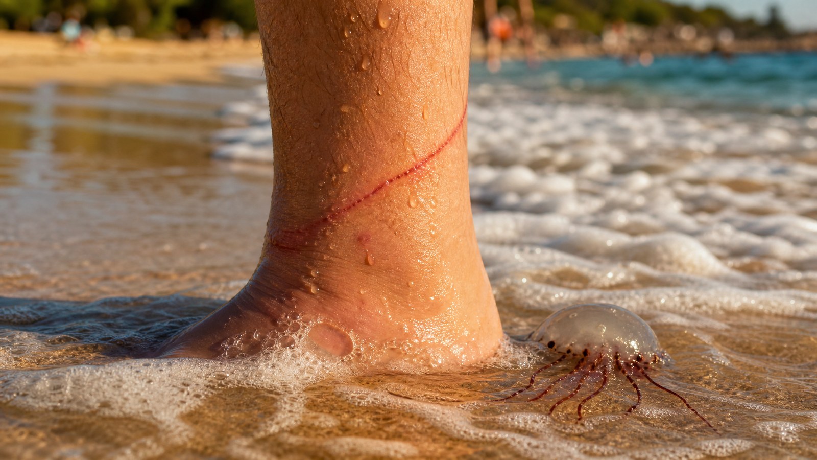 Close-up of an adult's wet ankle in shallow surf with a red whip-like jellyfish sting welt, and a translucent jellyfish with trailing tentacles in the foam beside the foot