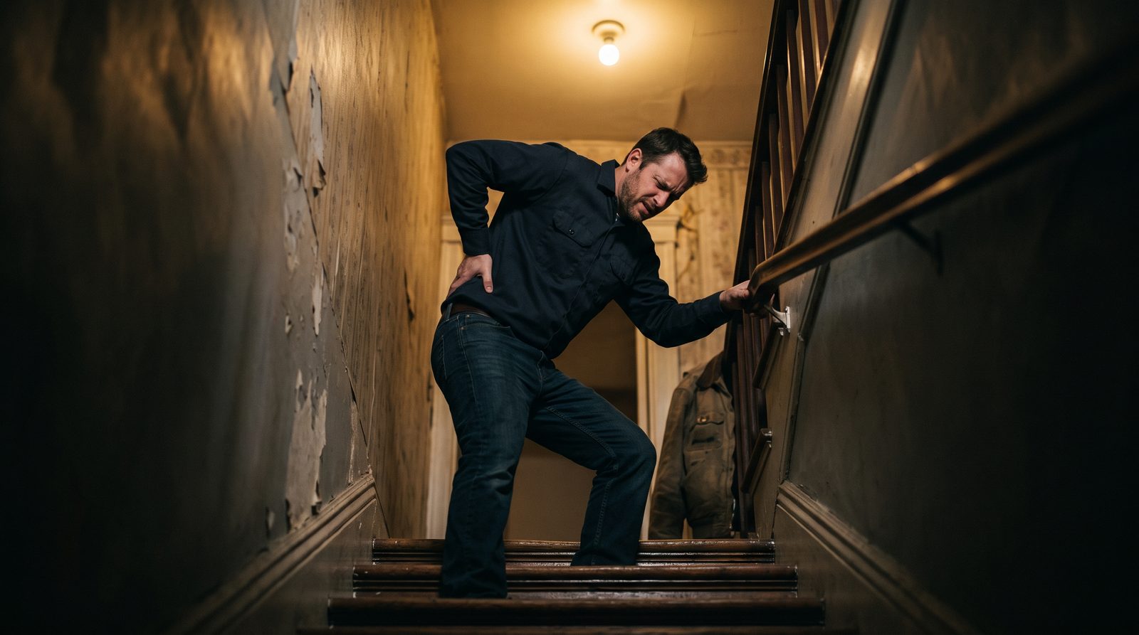 A man in work clothes gripping the rail of a stairwell at night, one hand pressed hard into his lower back and side, face tense with sudden pain