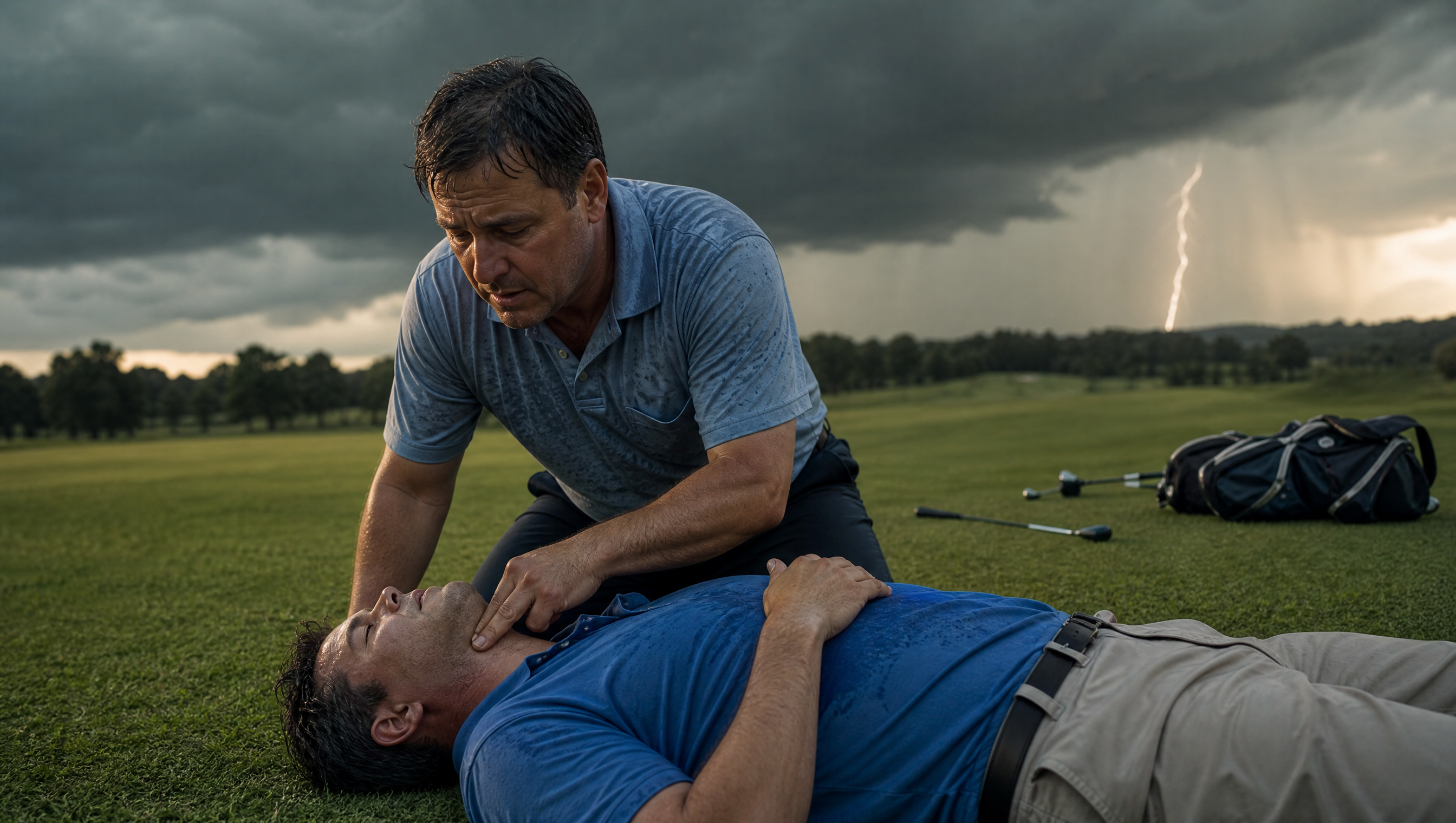 A man kneels beside a fallen golfer on an open fairway under a dark storm sky, checking for a pulse as distant lightning flashes on the horizon, dramatic dim natural light