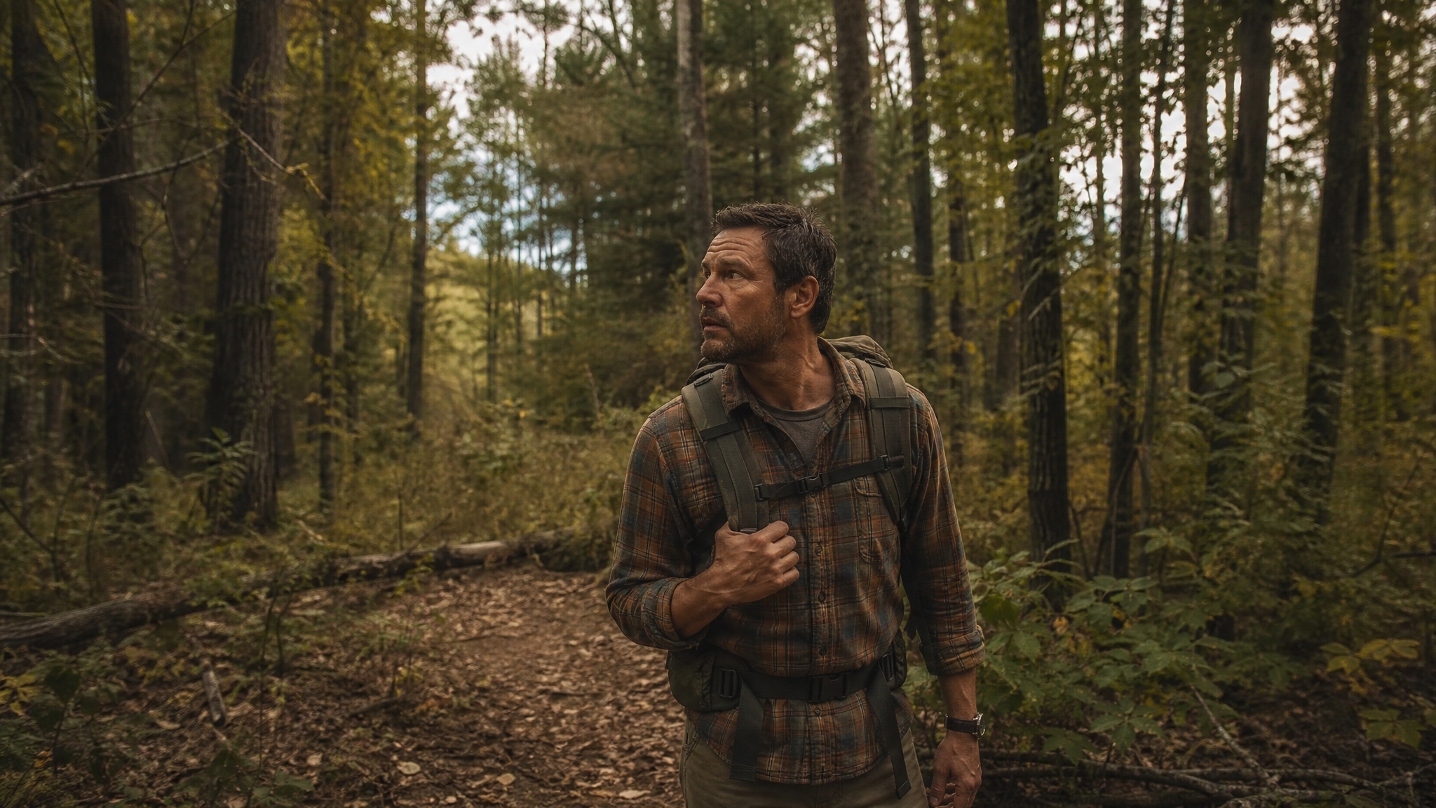 Hiker stopped on a wooded trail, assessing surroundings after realizing they are lost