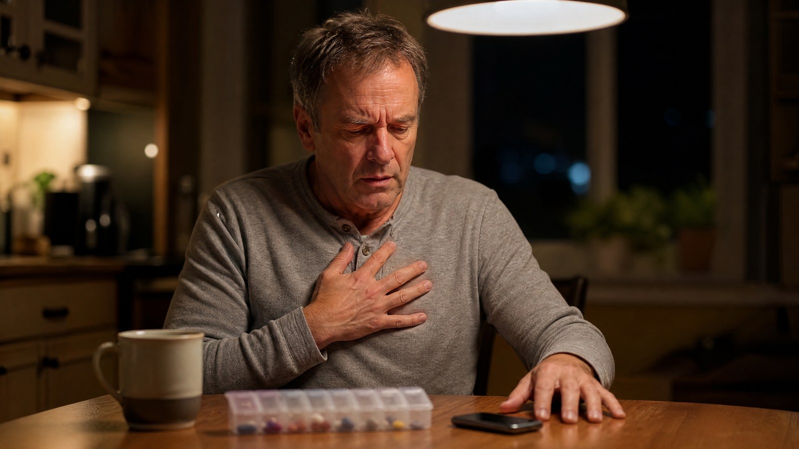 A man in his fifties at a kitchen table late at night with one hand pressed to his chest and a phone beside him, unsure what to do