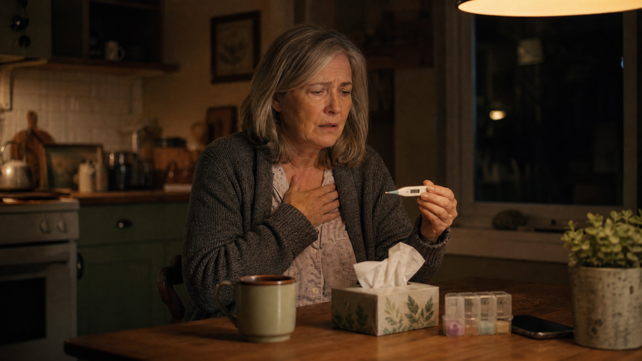 A woman in her late fifties at a kitchen table at night, one hand on her chest, reading a thermometer