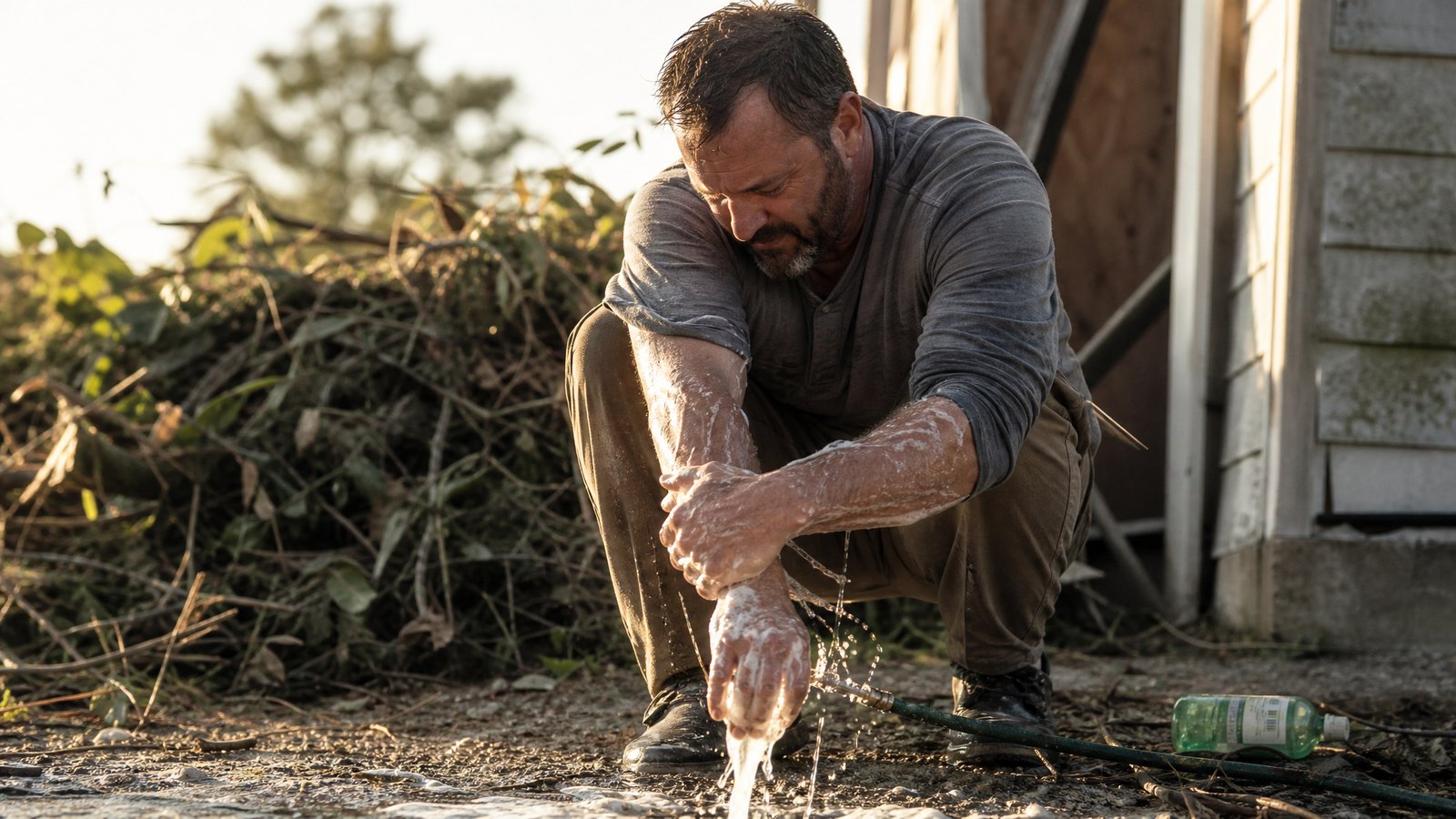 An adult man in work clothes scrubbing his bare forearms with soap under a garden hose beside a pile of cut brush