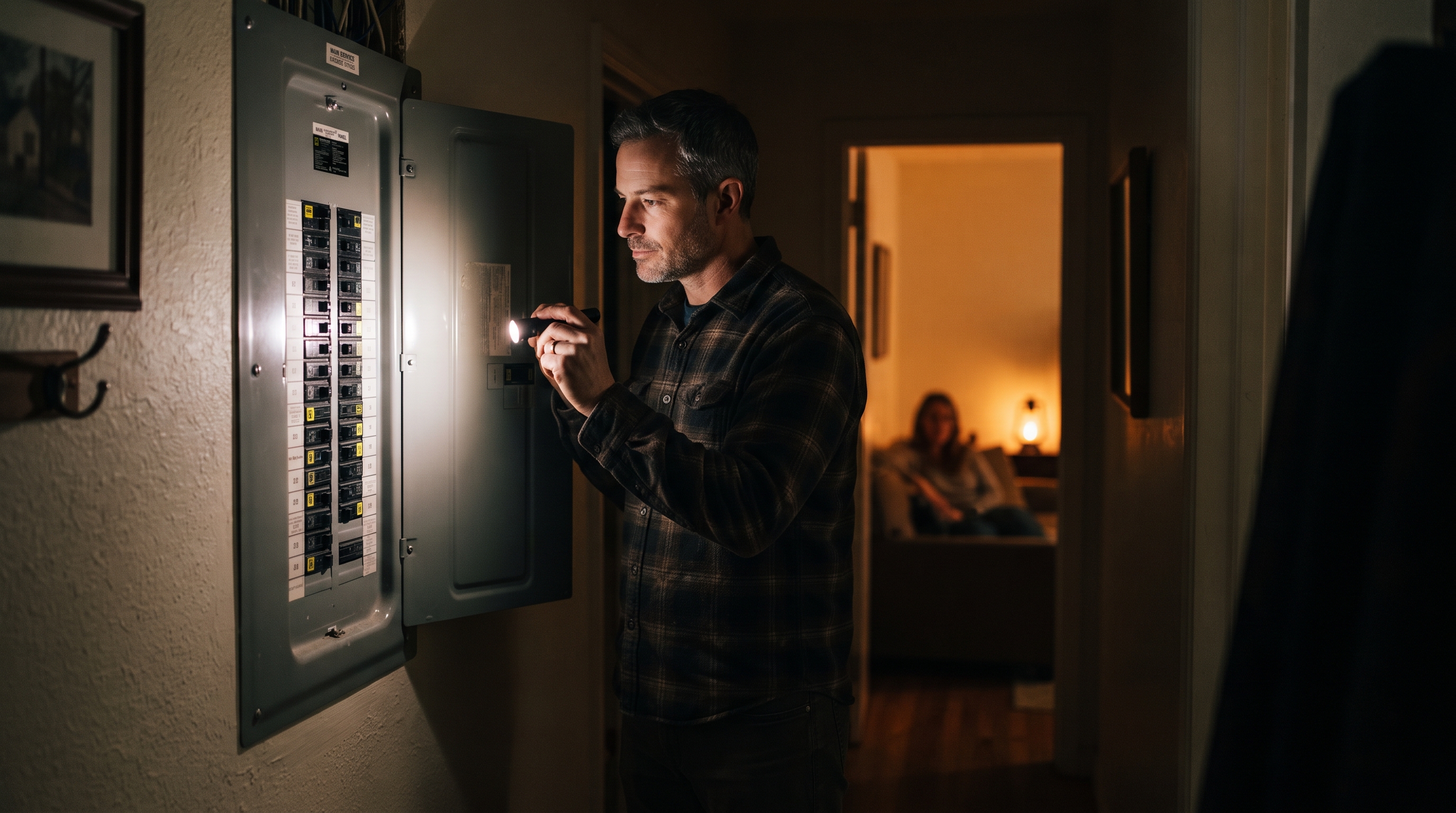 A man checks an open circuit breaker panel by flashlight in a dark home hallway, with a warm lantern glow visible from a room further down the hall