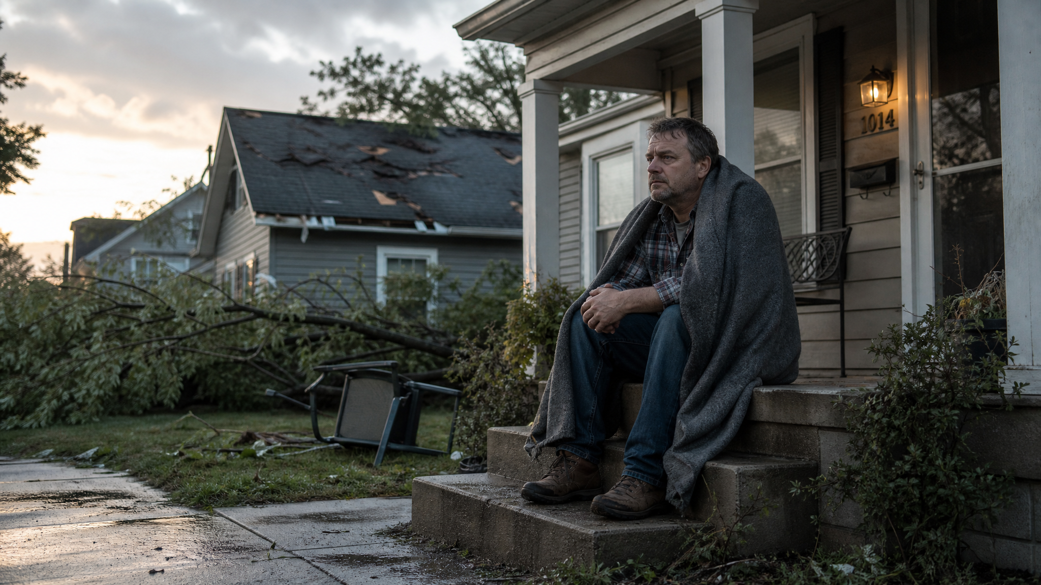 Adult sitting on the front steps of a storm-damaged home in early morning light, wrapped in a blanket, staring quietly out at the street