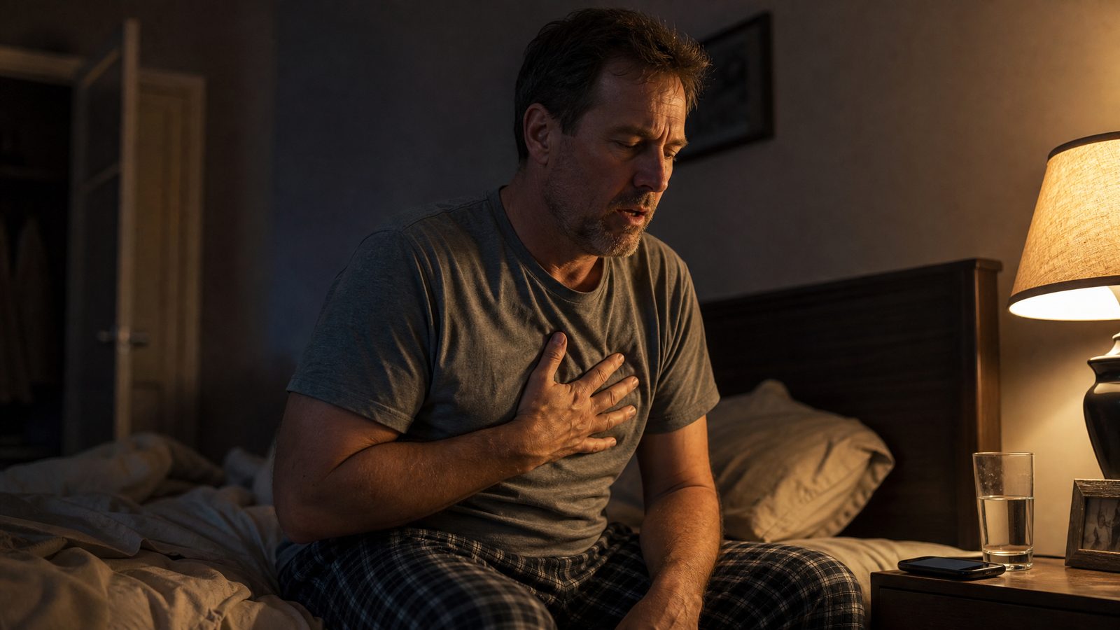 A man sitting on the edge of his bed at night, one hand pressed to his chest, visibly working to catch his breath in warm lamp light