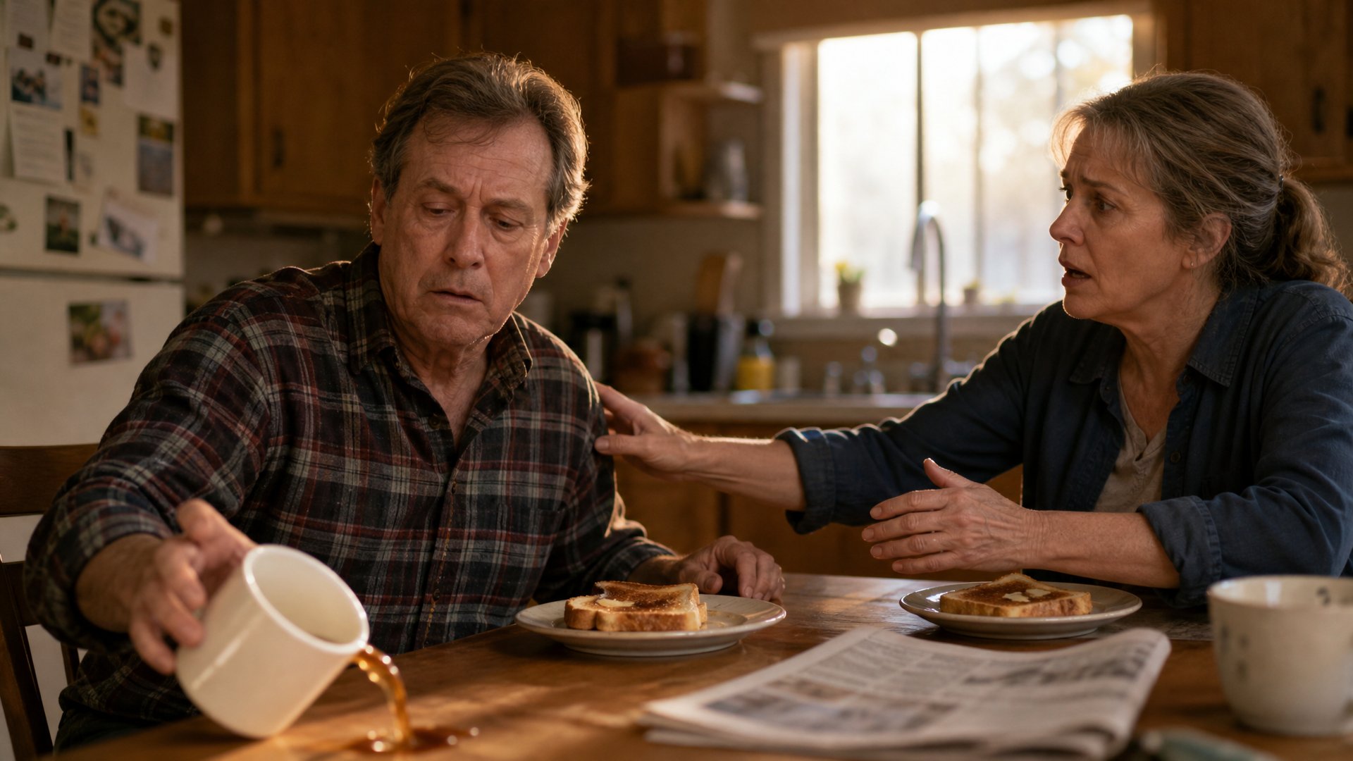 Middle-aged man at a kitchen table gripping a coffee cup with one hand while his other arm hangs weak at his side, his wife watching his face with sudden concern in warm morning light