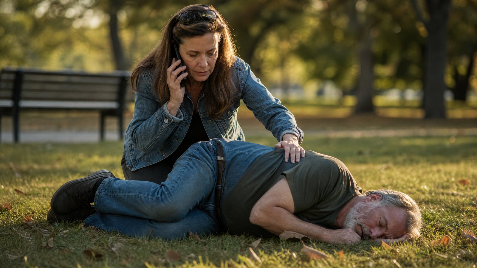 An adult kneeling beside an unresponsive man lying on his side in the recovery position on a living room floor