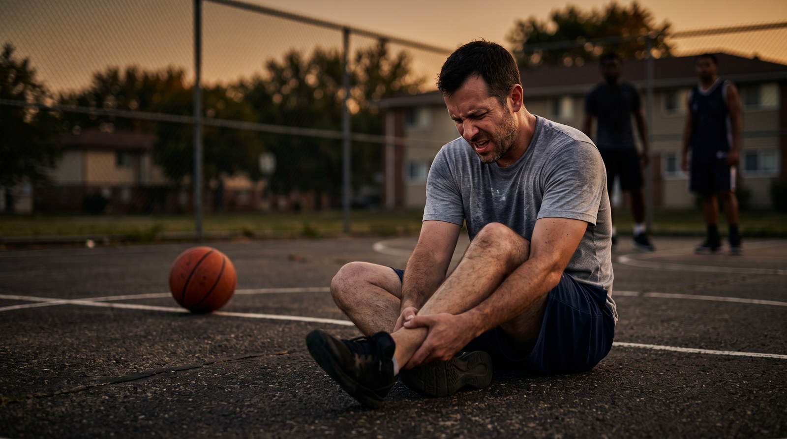 A man in his late thirties sitting on an outdoor basketball court at dusk gripping the back of his lower leg above the heel after a sudden pop