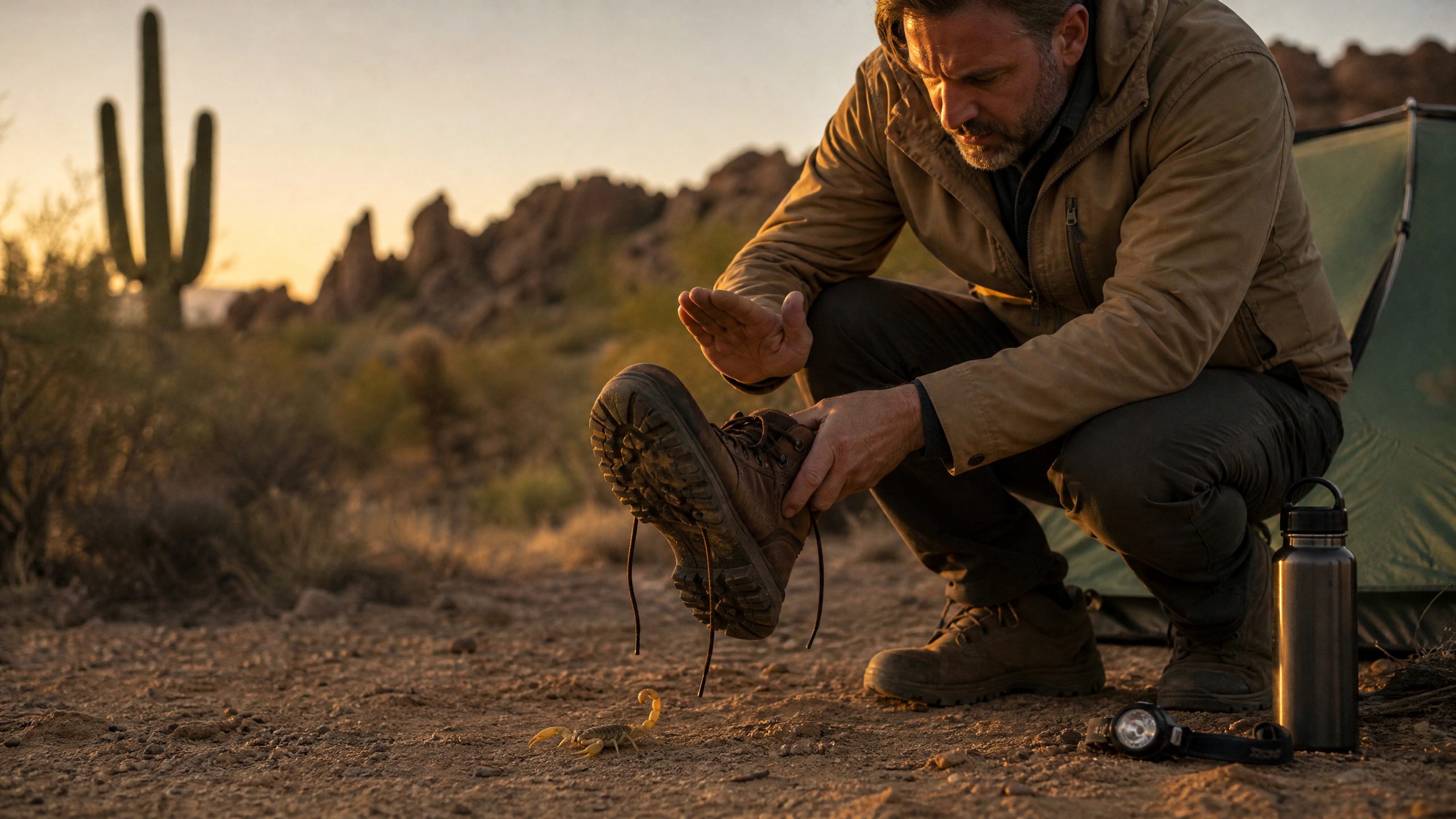 A camper at a desert campsite at sunrise tipping out a boot to check for a scorpion