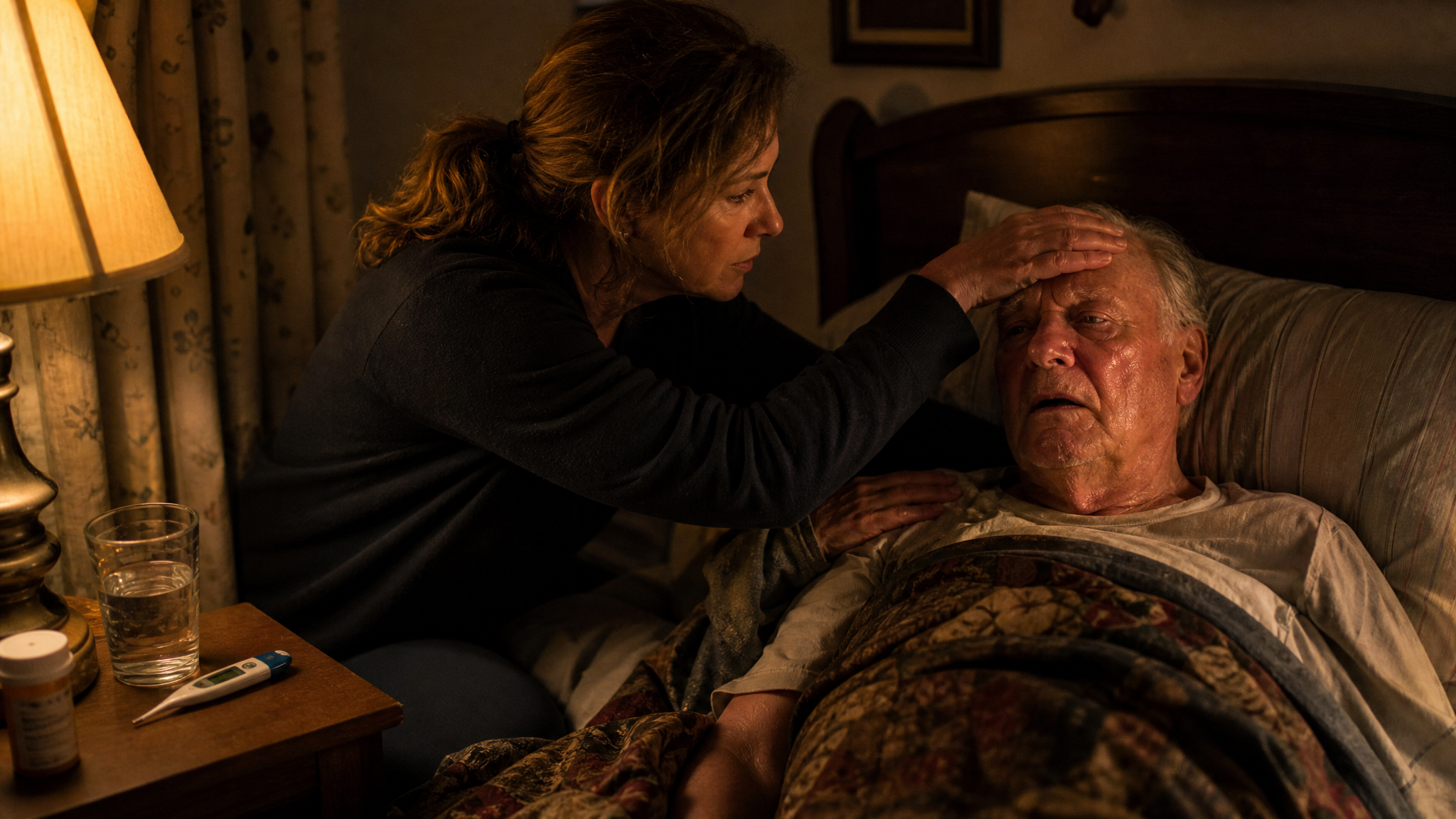 An adult daughter checks her feverish elderly father's forehead in a dimly lit bedroom at night