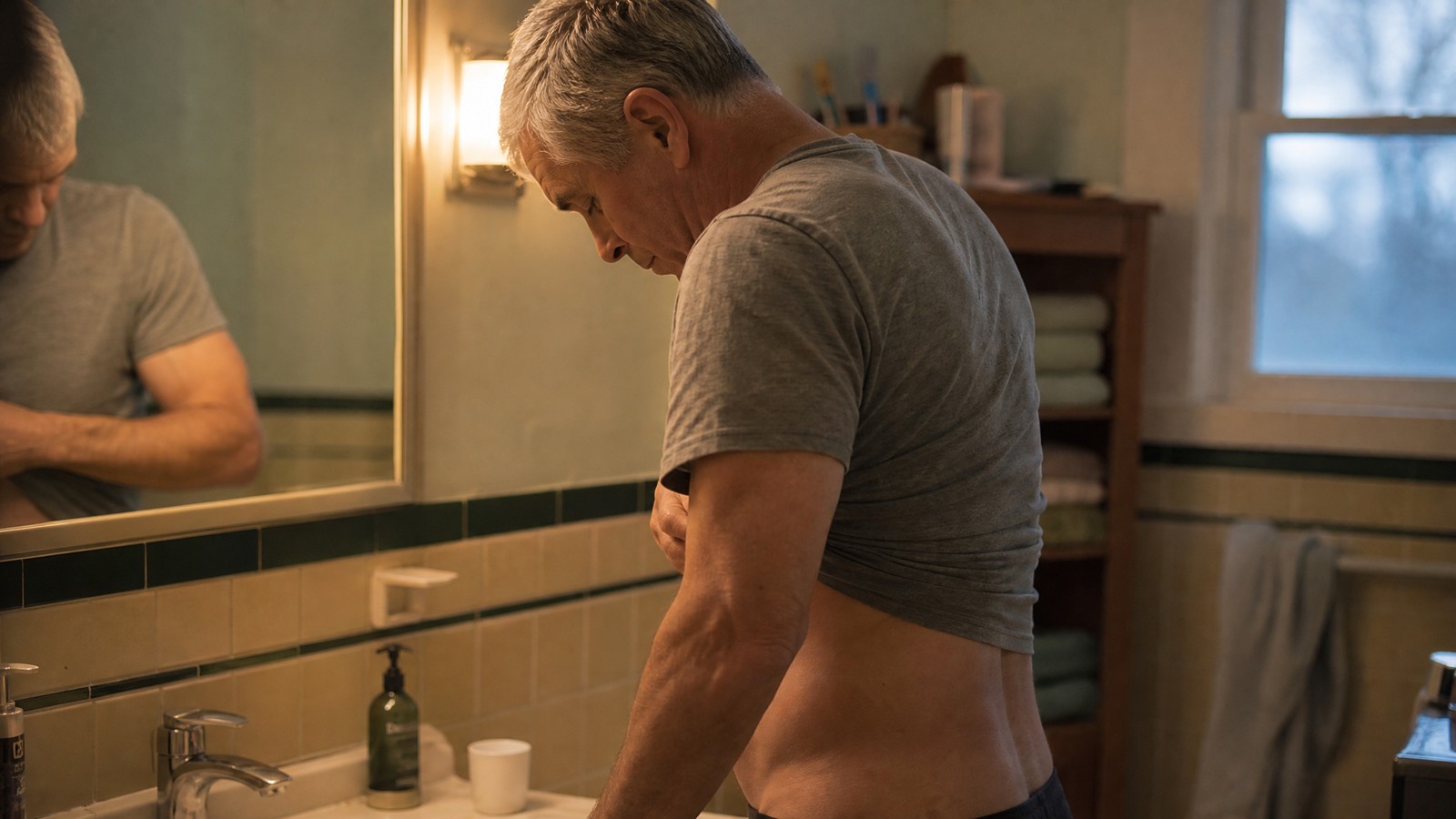 A man in his fifties at a bathroom mirror in warm morning light, lifting his gray t-shirt slightly to check his side