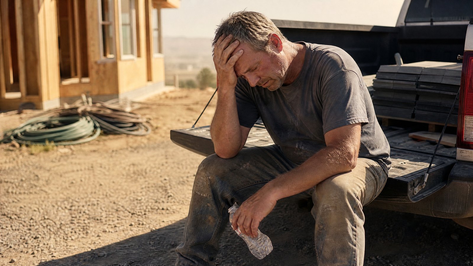 A middle-aged construction worker sits in the shade of a truck tailgate in late afternoon heat, holding an empty water bottle and pressing a hand to his forehead