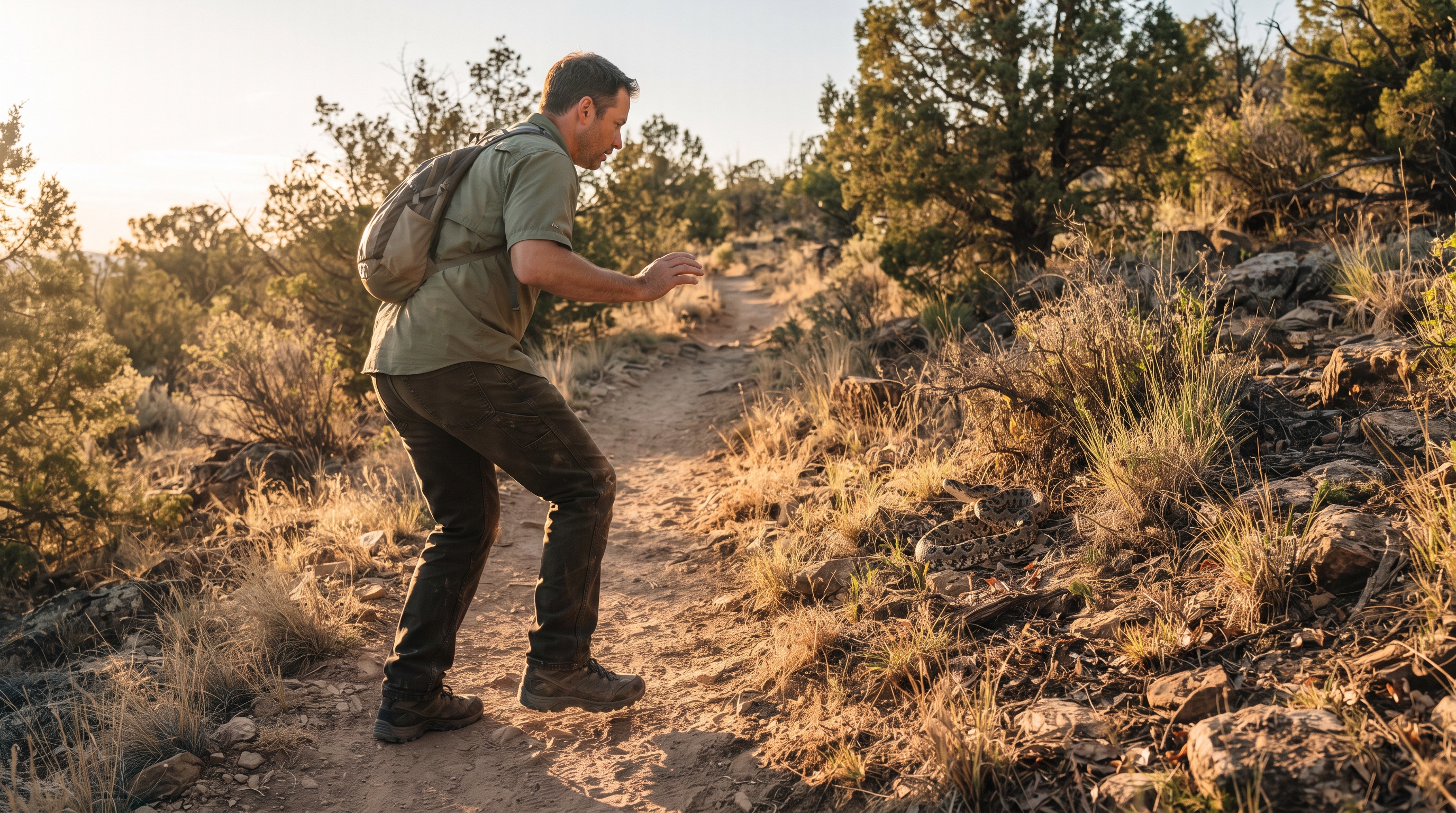 Man on a hiking trail crouched down looking cautiously at a snake in the brush ahead of him