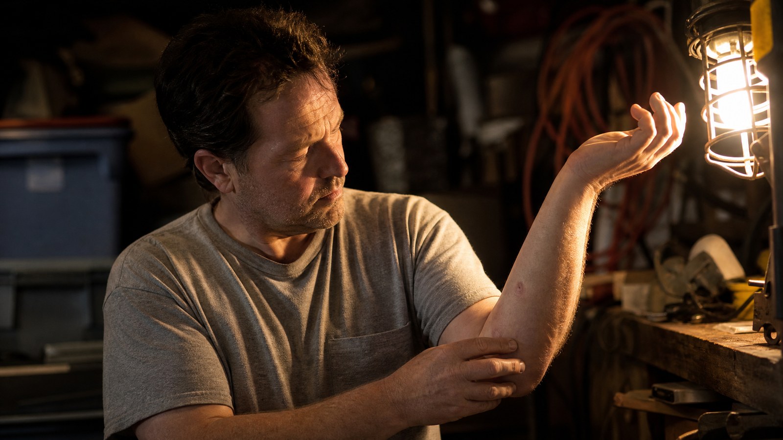 An adult man in a dim garage turning his forearm toward a work light to examine a small red bite mark on his skin
