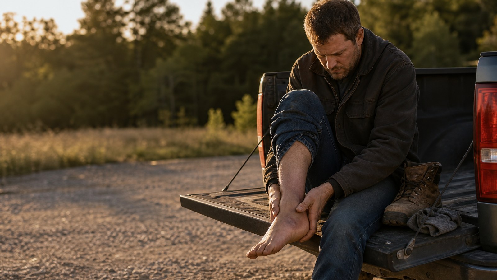 An adult man sitting on the tailgate of a truck holding his own swollen bare ankle, shoe off beside him