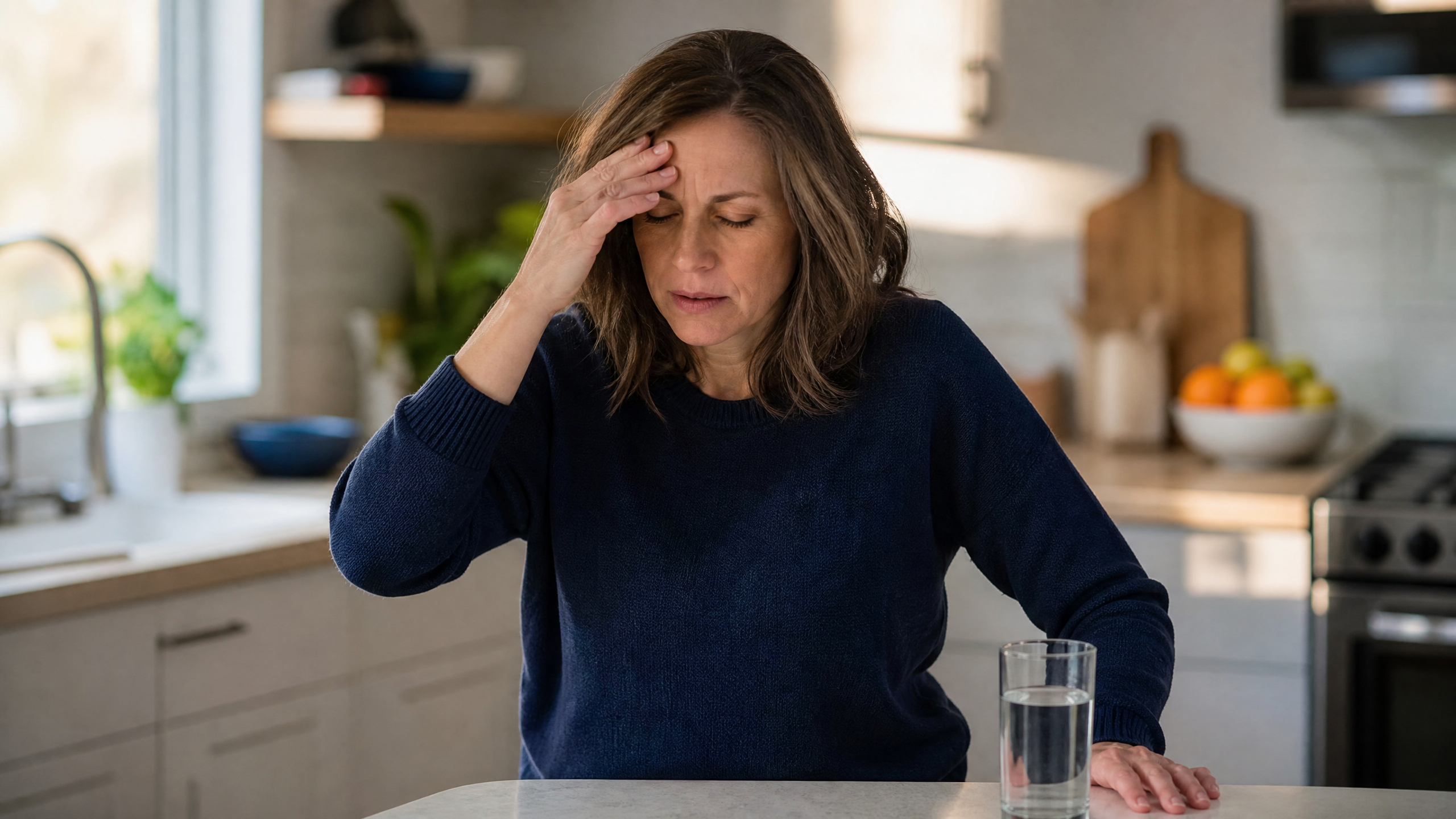 A woman in a kitchen steadying herself with one hand on the counter and the other near her forehead during a sudden dizzy spell