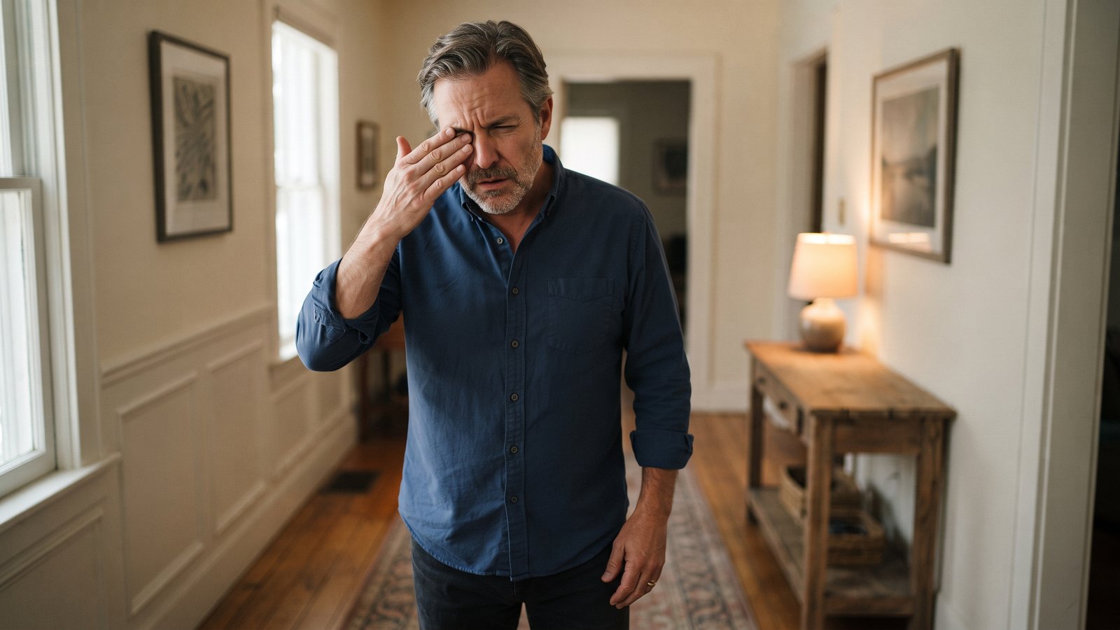 A man in his 50s pauses mid-step in a hallway, one hand raised to cover his right eye as he blinks and tries to clear a shadow from his vision