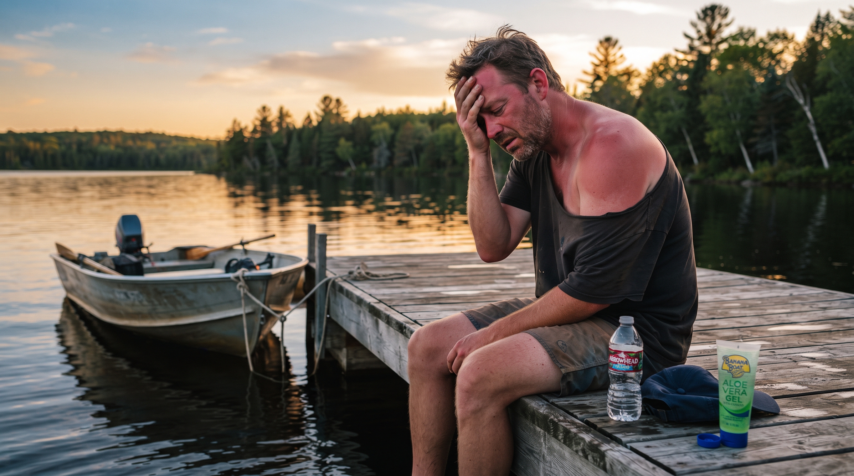 A man sitting on a lake dock at dusk with red sunburned shoulders, one hand on his forehead, looking unwell