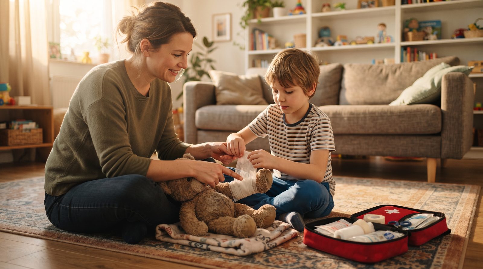 Parent and child sitting on the living room floor practicing bandaging technique on a stuffed animal, real first aid kit open beside them, warm afternoon light