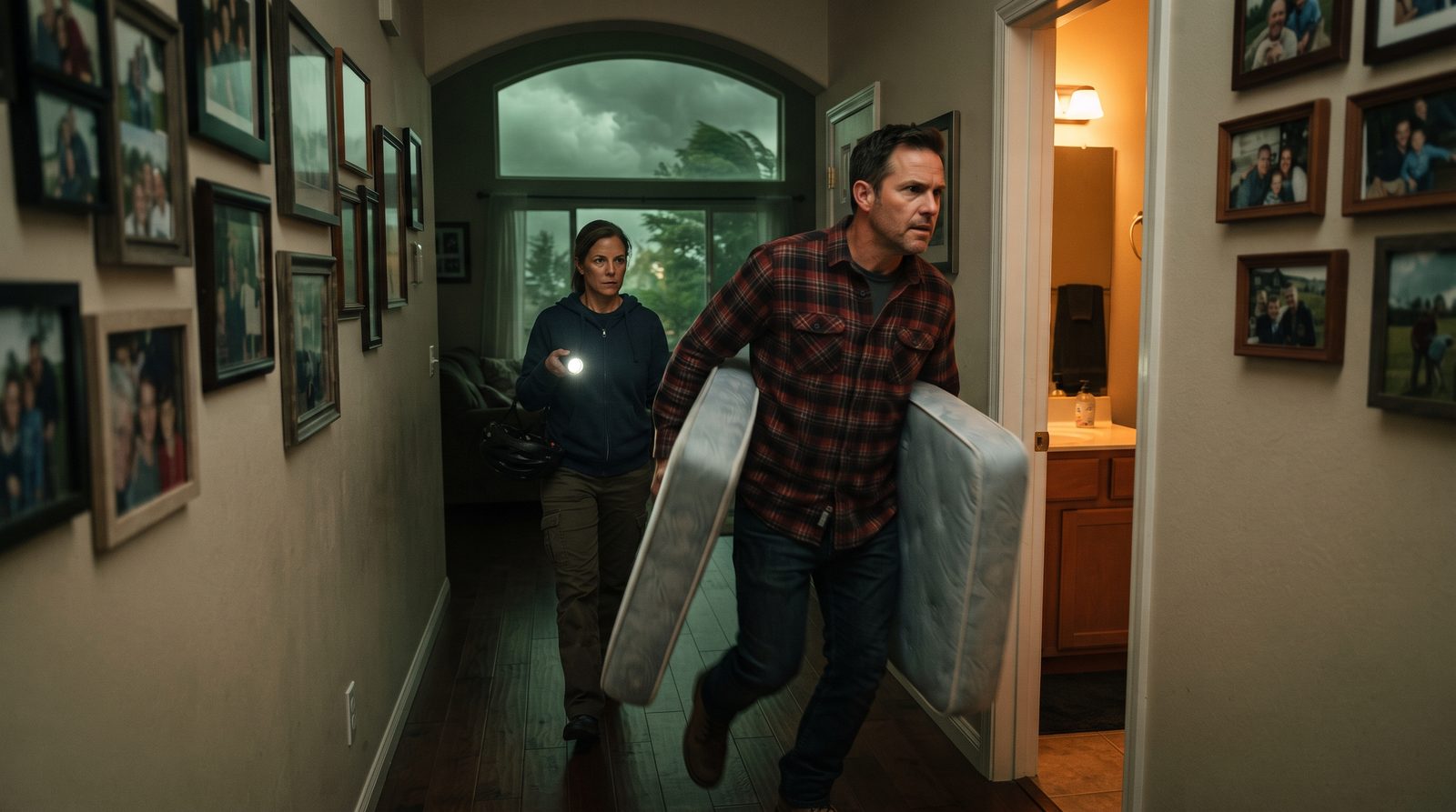 A family moves quickly down an interior hallway toward a small windowless room while a dark storm builds outside their home