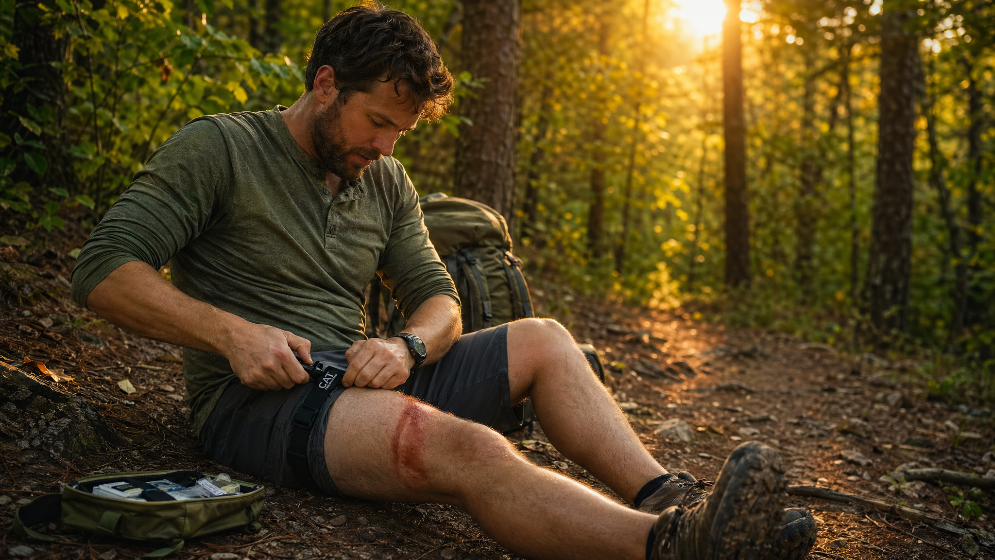 A civilian applying a CAT tourniquet to their upper thigh on a forest trail at golden hour