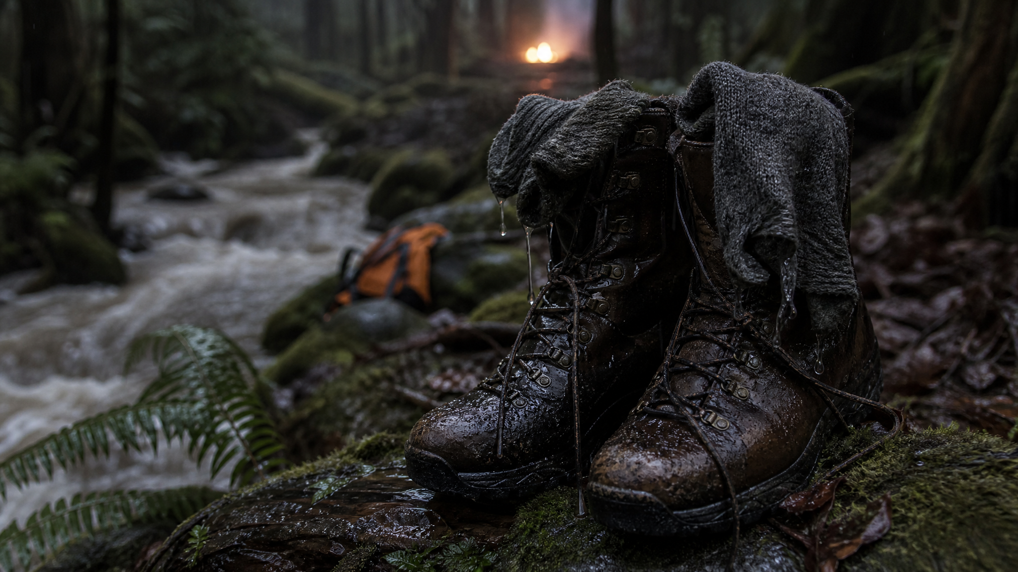 A pair of soaked leather hunting boots with wet gray wool socks draped over them on a mossy log beside a rainy forest creek at dusk