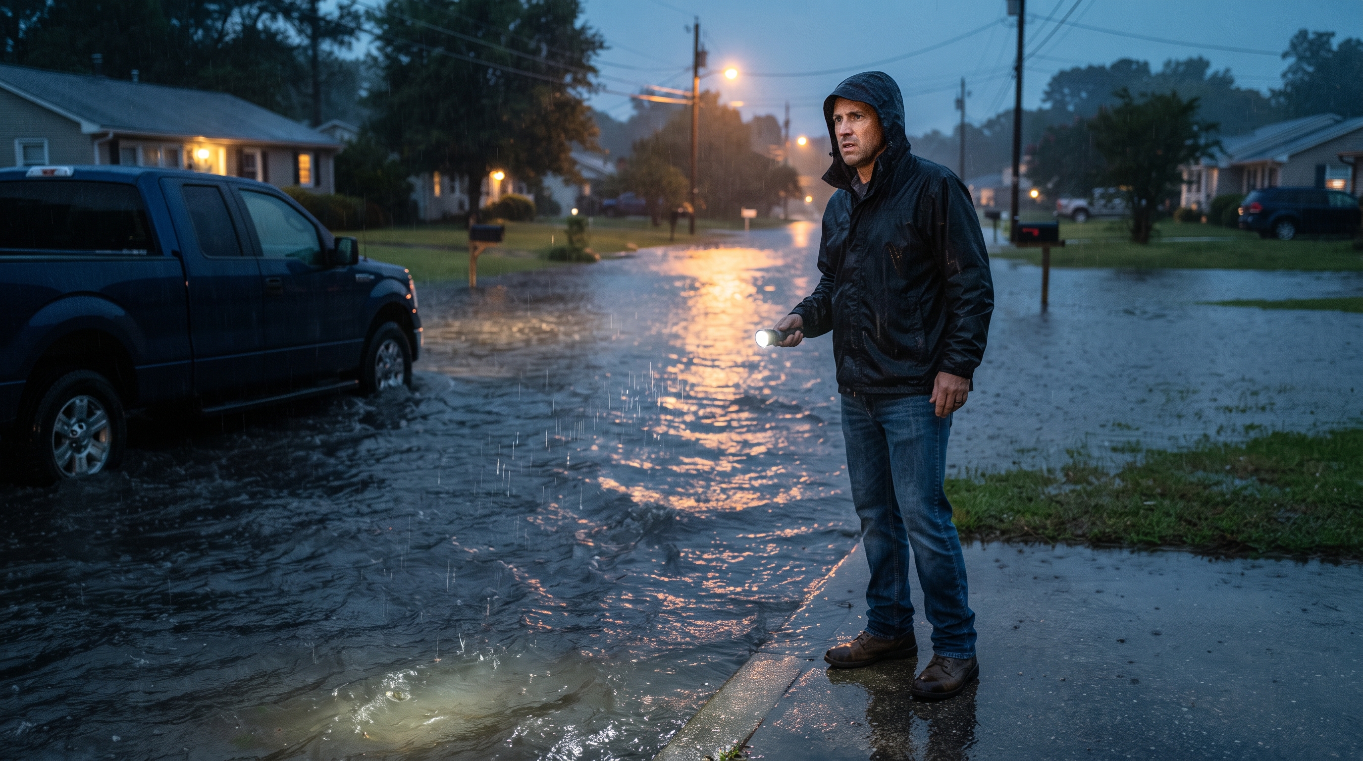 Man standing at the edge of a flooded residential street at dusk, floodwater rising over the curb toward his truck, watching the water with a flashlight in hand