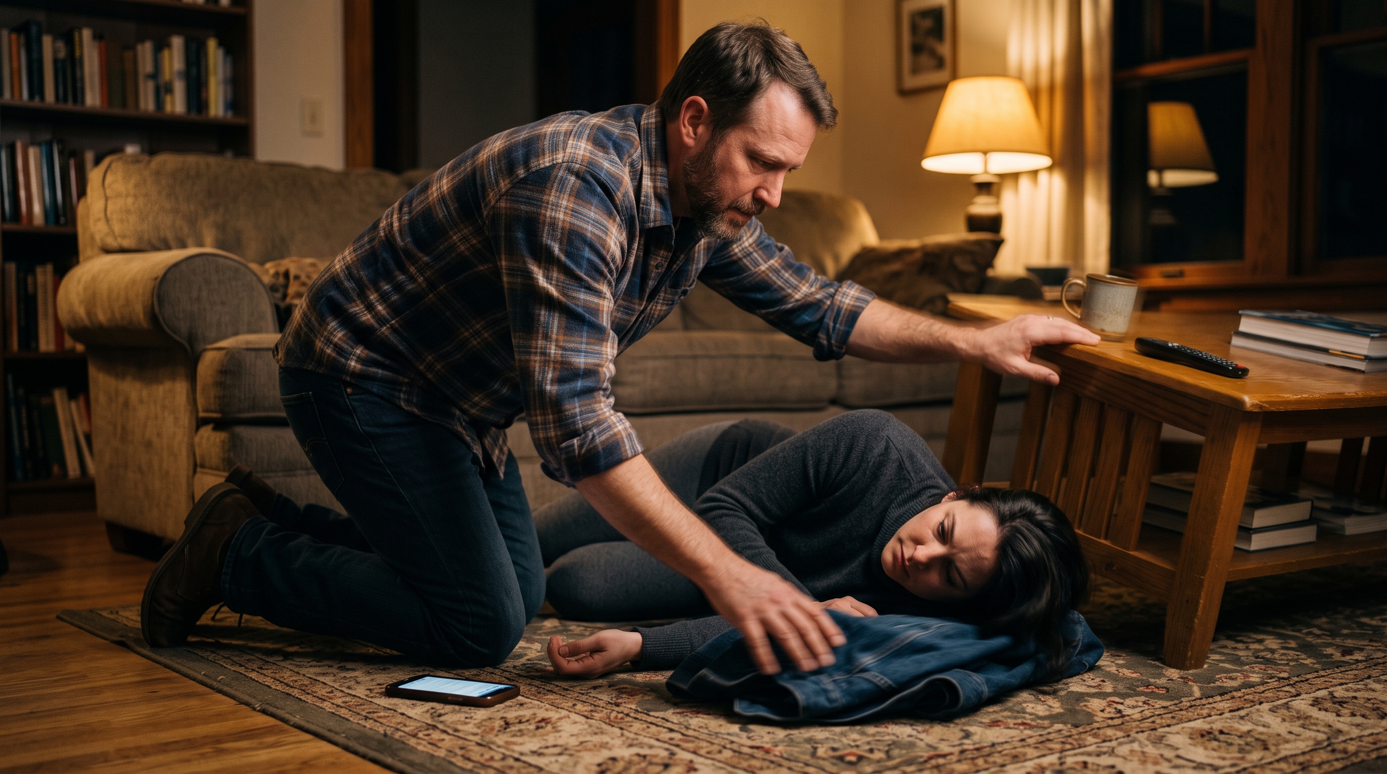 Adult kneeling on a living room floor beside a person having a seizure, clearing a coffee table out of the way and sliding a jacket under their head