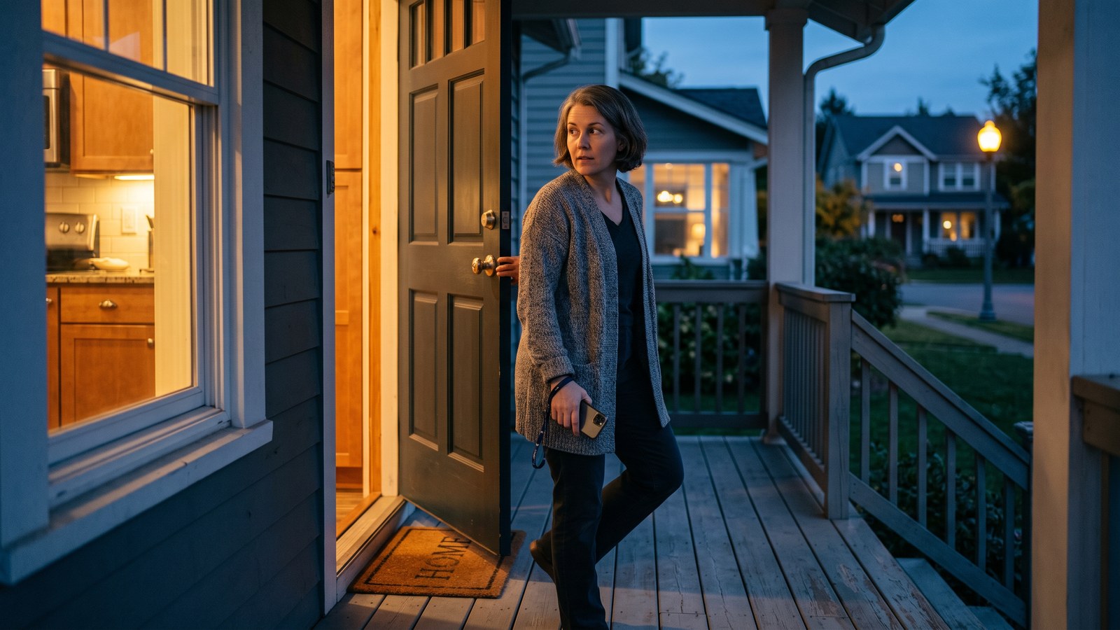 An adult woman standing on a front porch at dusk, holding the door open and looking back at a lit kitchen window while she steps outside