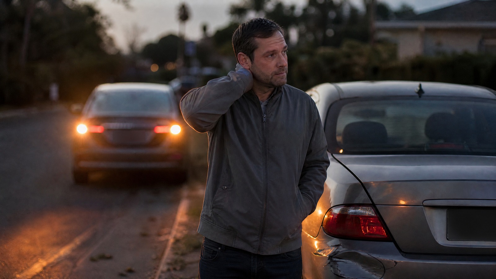 A man in his early forties standing beside a parked sedan with a lightly dented rear bumper at dusk, rubbing the back of his neck as hazard lights glow behind him