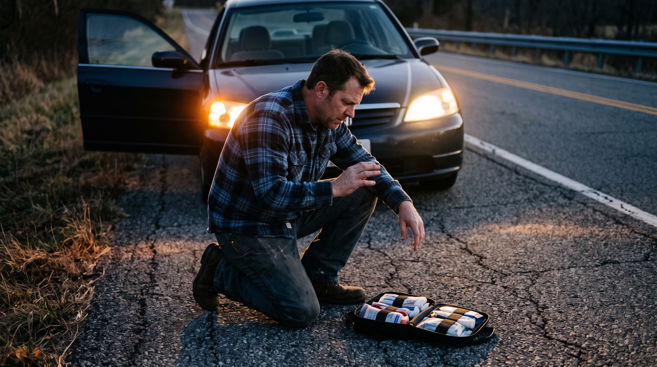 Man kneeling on a dark roadside next to a car with hazard lights flashing, hand frozen above an open trauma kit, caught mid-hesitation