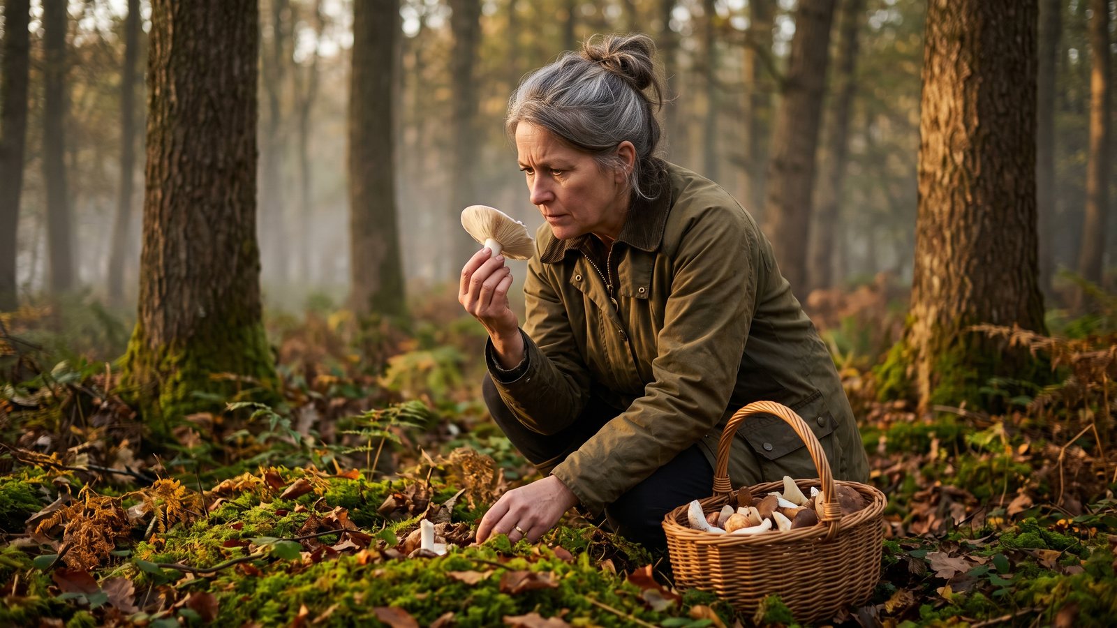 A forager crouched on a forest floor studying the underside of a pale wild mushroom, a basket of mushrooms beside her