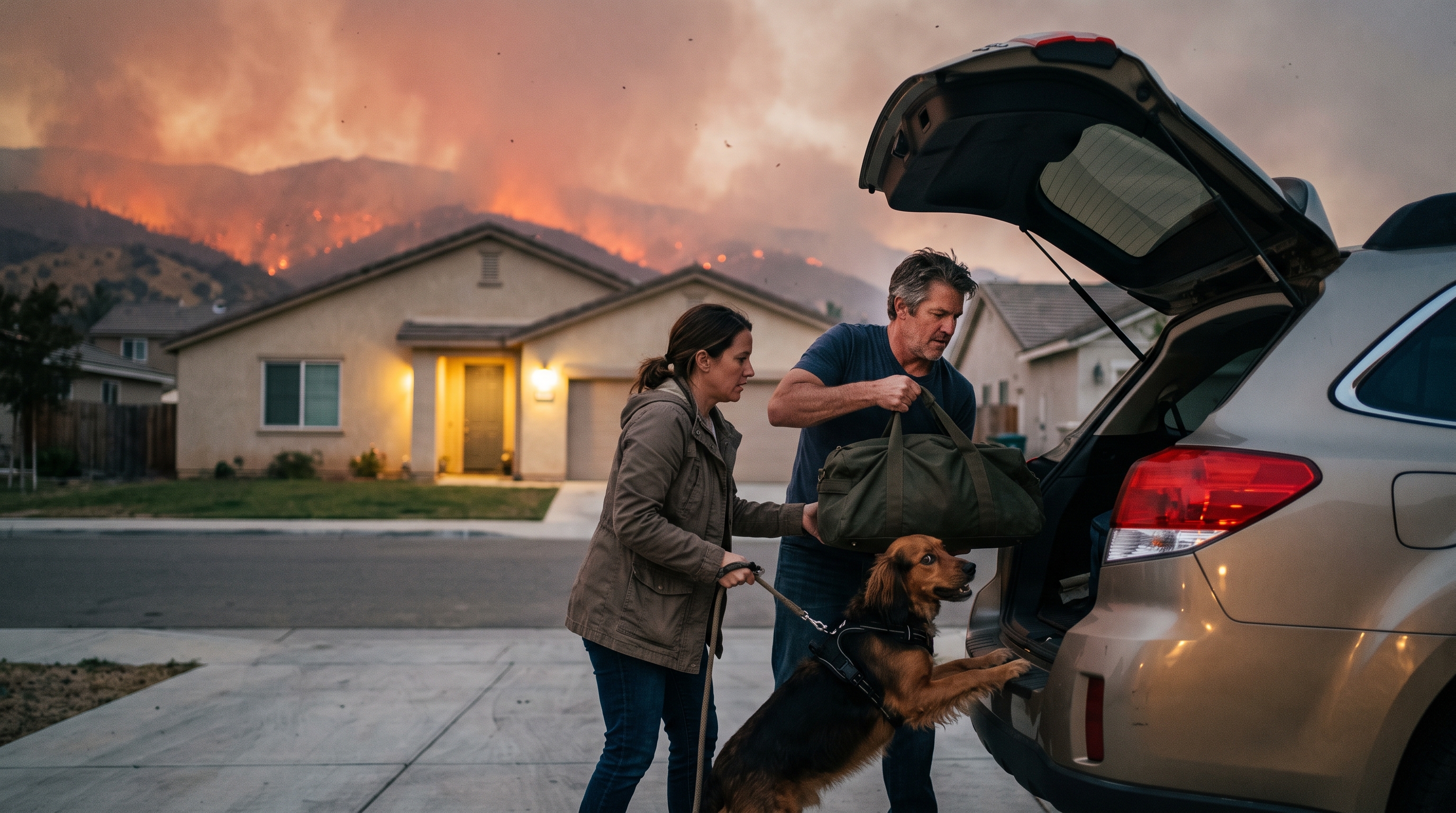 Family loading a go bag and pets into an SUV in their driveway at dusk while orange wildfire smoke fills the sky over the hillside behind their house