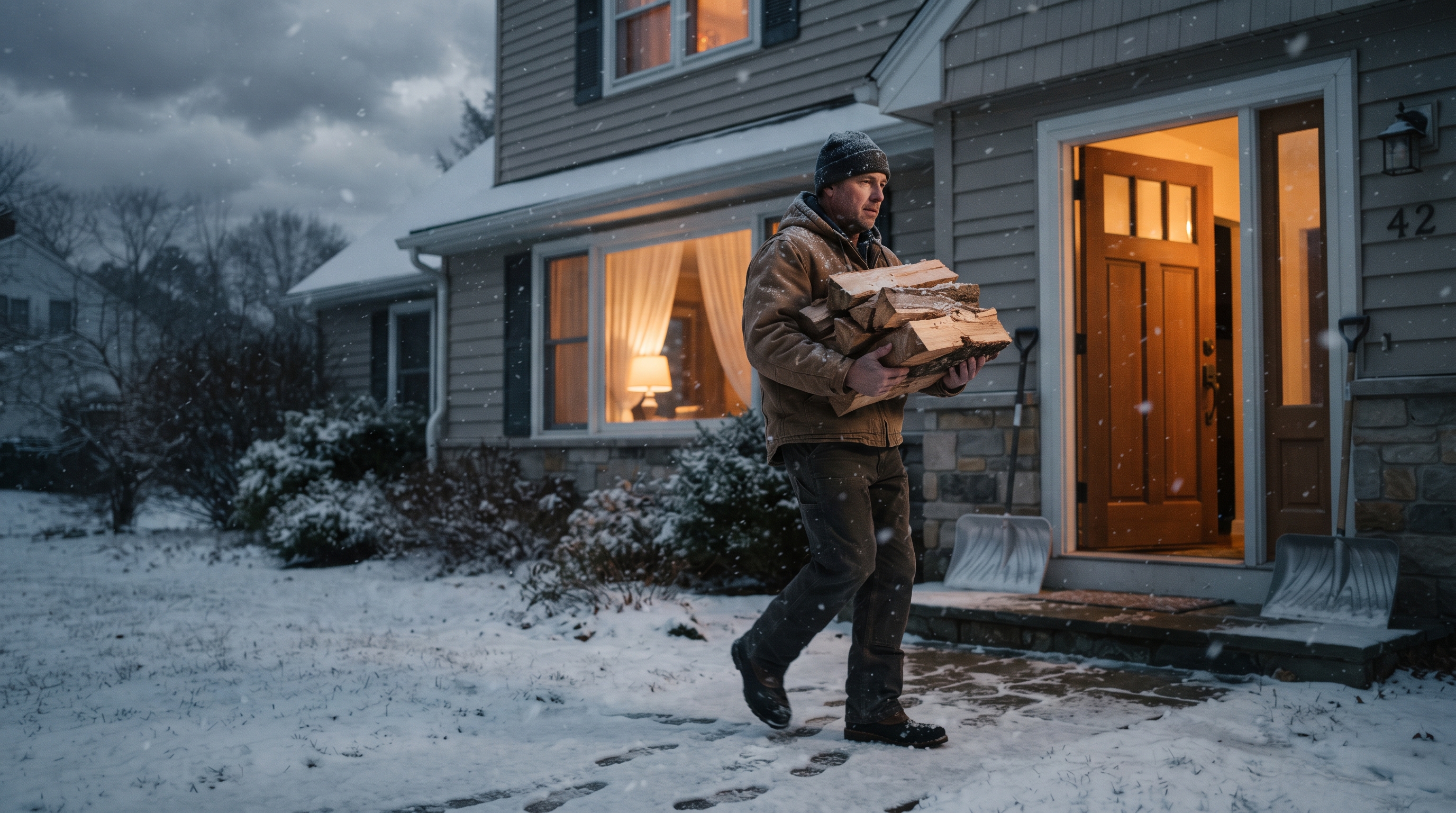 A man carries firewood toward his front door as heavy snow begins to fall over a suburban house at dusk