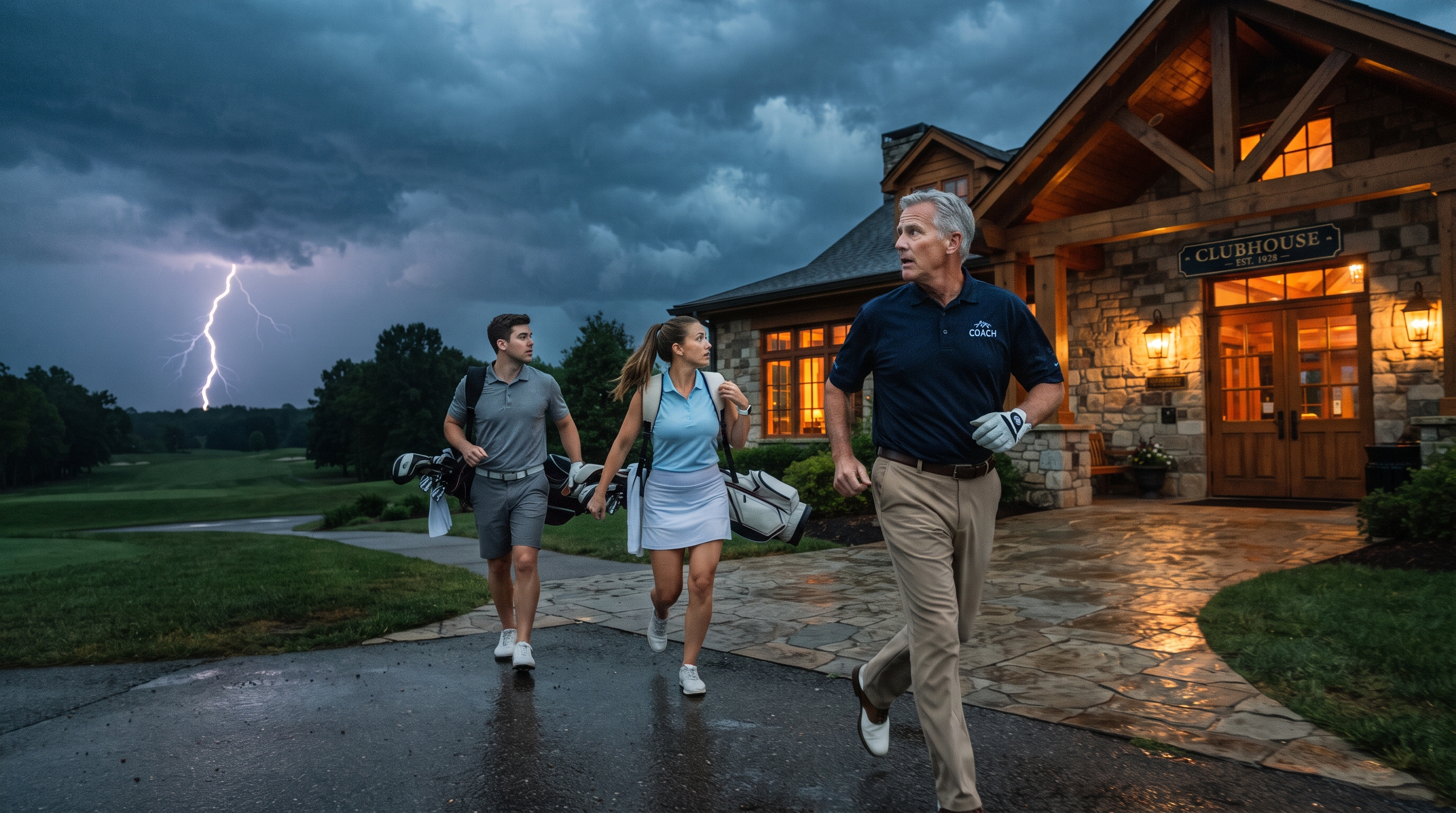 A group of golfers and a coach jogging toward a solid clubhouse building under an approaching dark storm sky with visible lightning in the distance, warm dramatic lighting