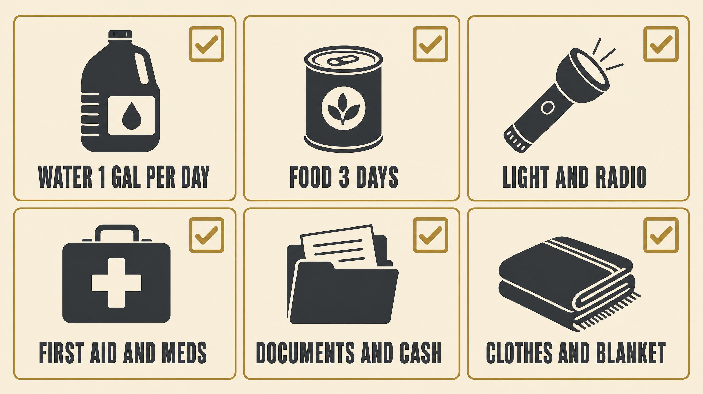 Illustrated checklist grid of a 72 hour emergency kit showing water, food, light and power, first aid, documents and cash, and clothing