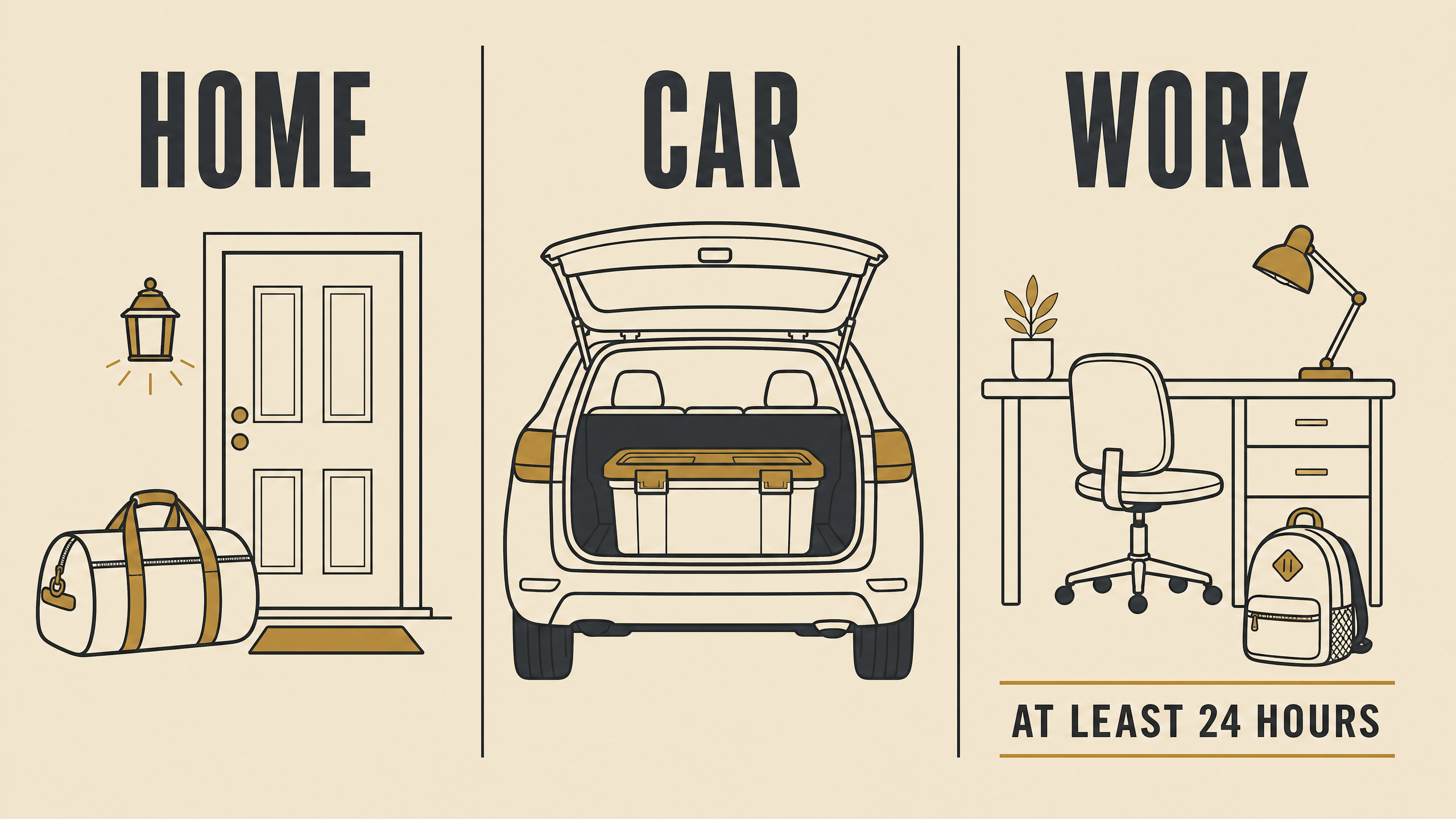 Illustration of three emergency kit locations: a duffel bag by the front door at home, a bin in a car trunk, and a grab and go bag under a desk at work