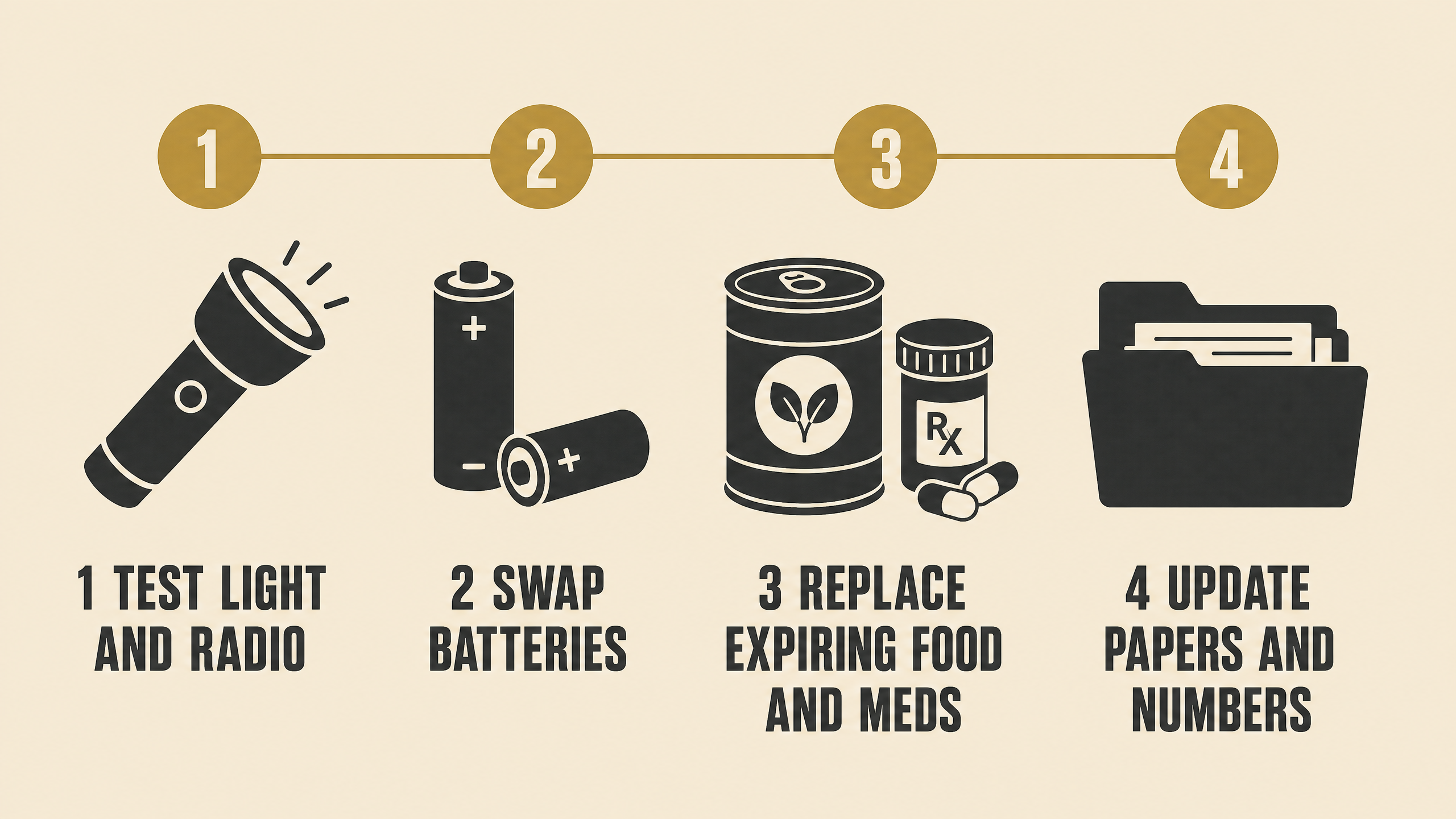 Illustration of a yearly emergency kit check: test flashlight and radio, swap batteries, replace expired food and medicine, update documents and phone numbers