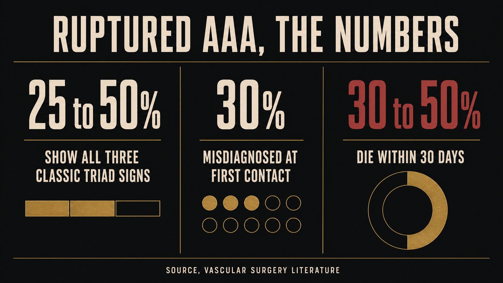 Dark data visualization chart showing that only 25 to 50 percent of ruptured abdominal aortic aneurysms present with the full classic triad, about 30 percent are initially misdiagnosed, and 30 to 50 percent of patients die within 30 days